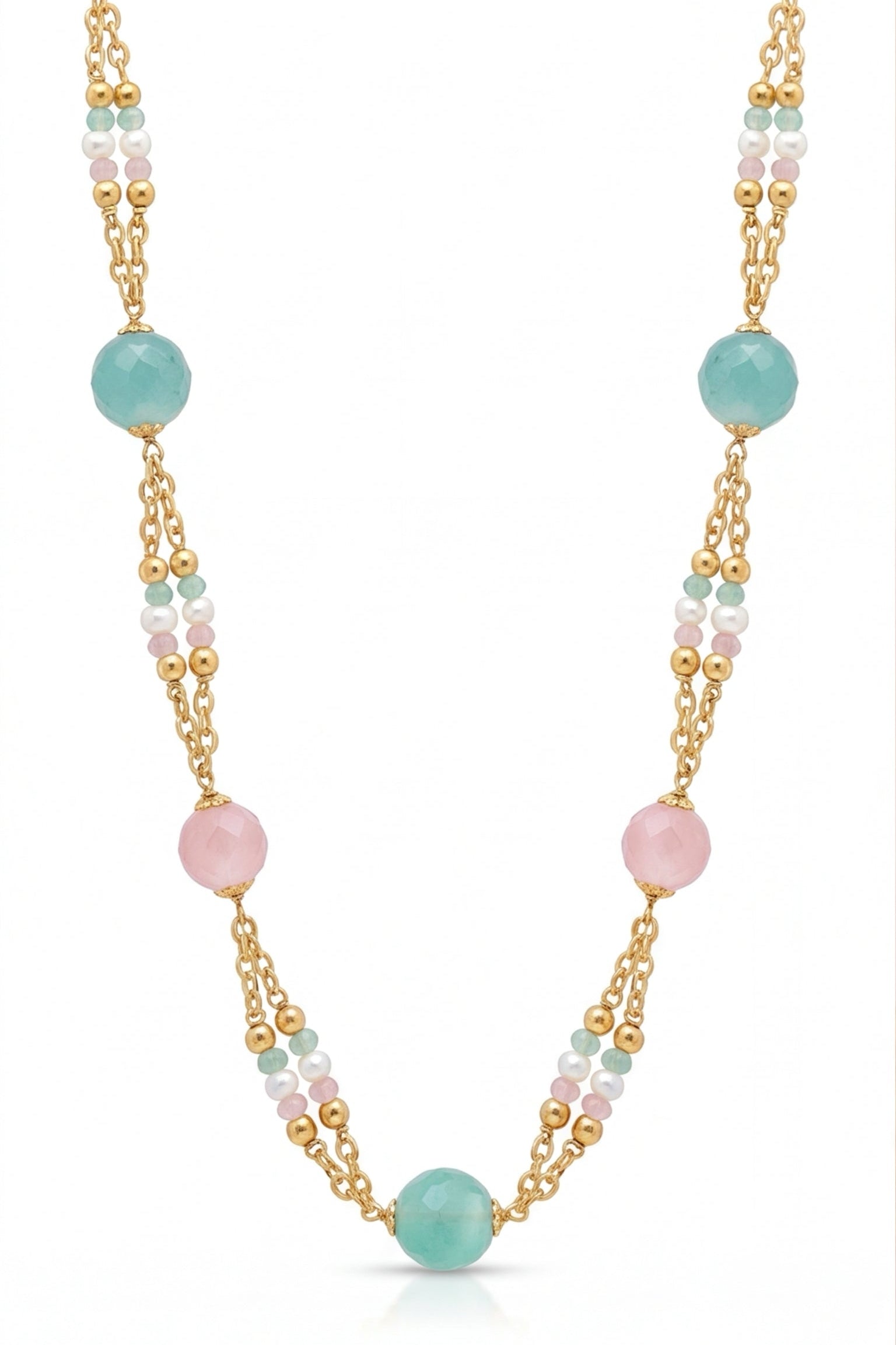 Necklace with gold chain and multicolored beads on a white background