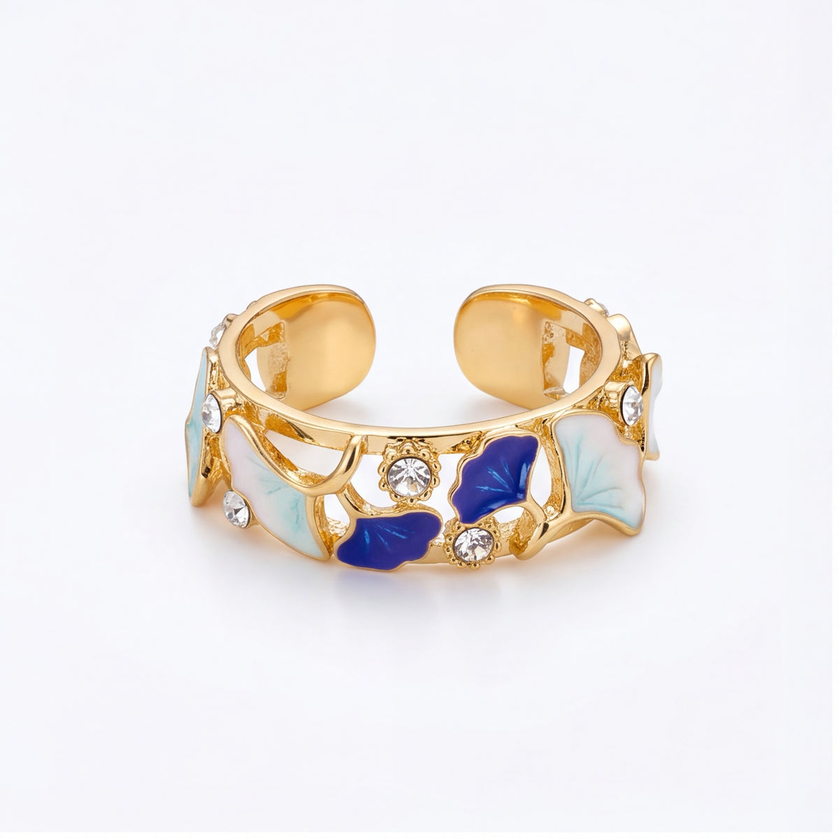 Blue Floral Enamel Ring for Women, Gold Tone Flower Ring, Elegant Botanical Statement Jewelry, Adjustable Ring