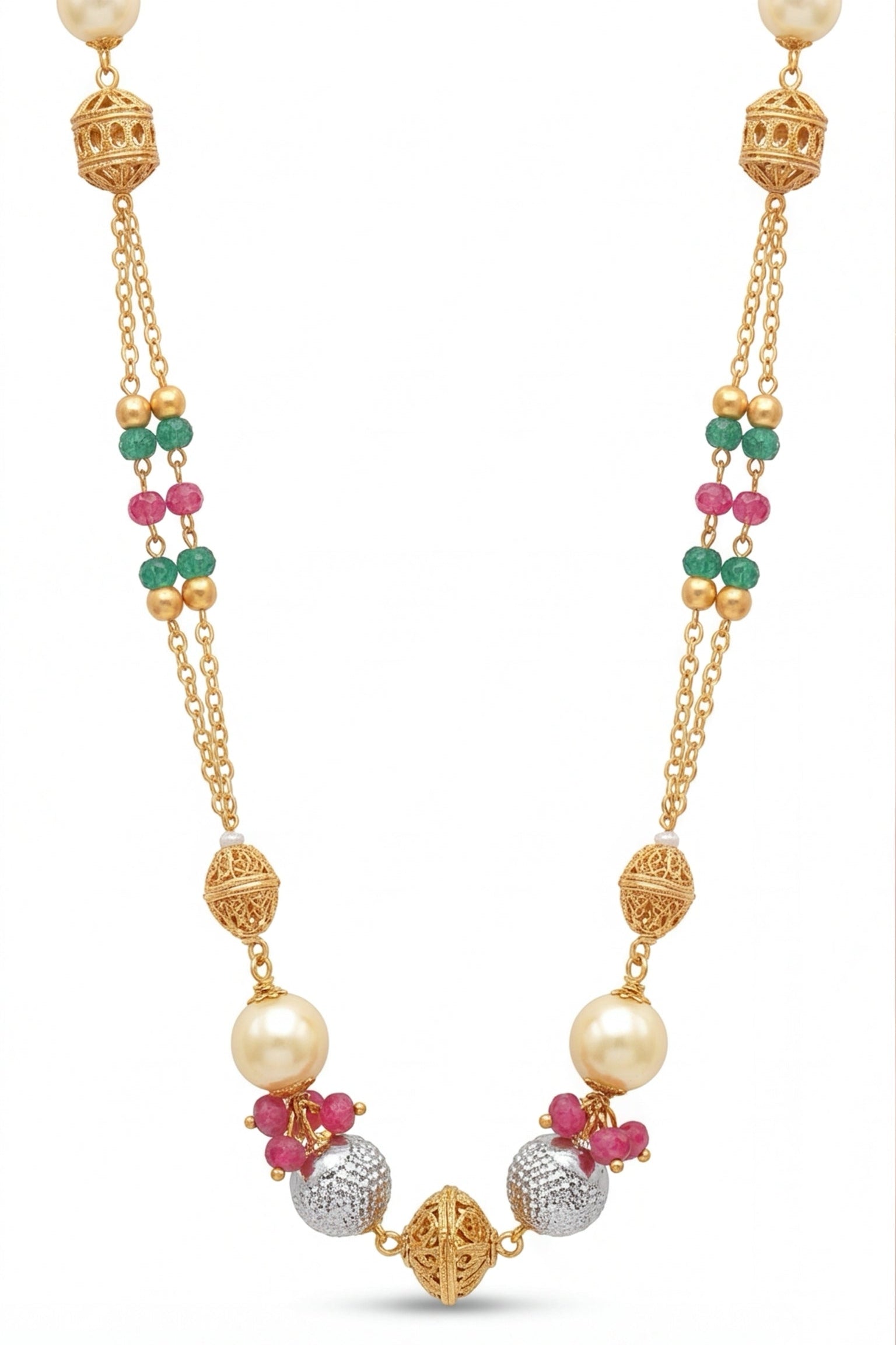 Traditional Gold Tone Beaded Necklace for Women | Pearl & Multicolor Stone Long Necklace | Ethnic Statement Jewelry