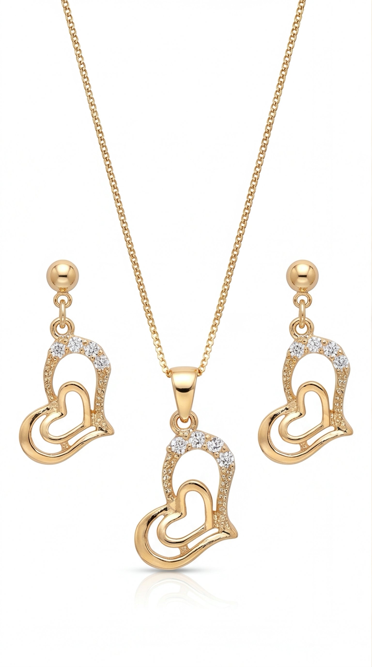 Heart Pendant Necklace Set for Women | Gold Tone Double Heart Jewelry Set with CZ Accents & Matching Earrings