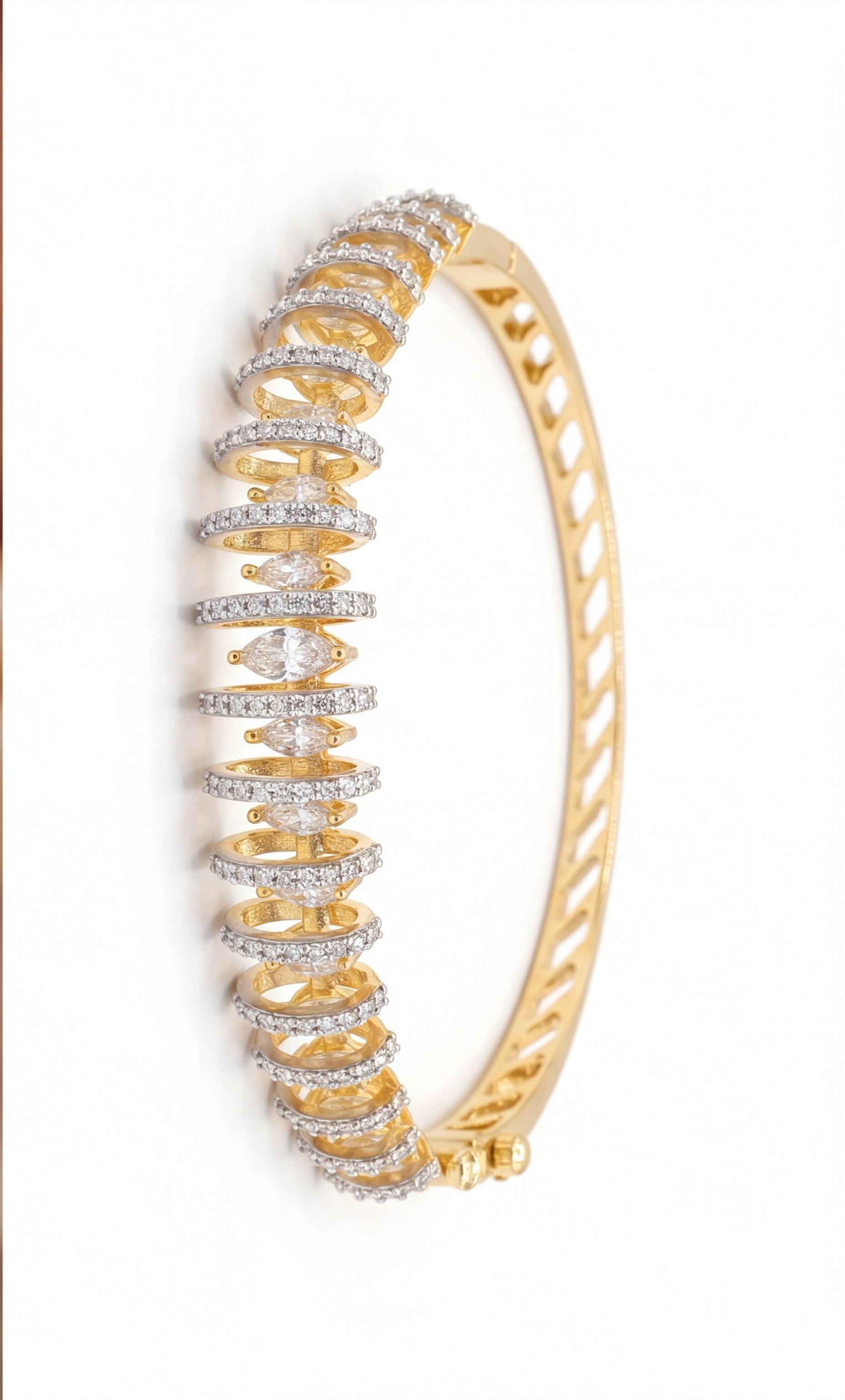 Gold CZ Marquise Bangle Bracelet for Women | Openwork Cubic Zirconia Hinged Bracelet | Elegant Statement Jewelry