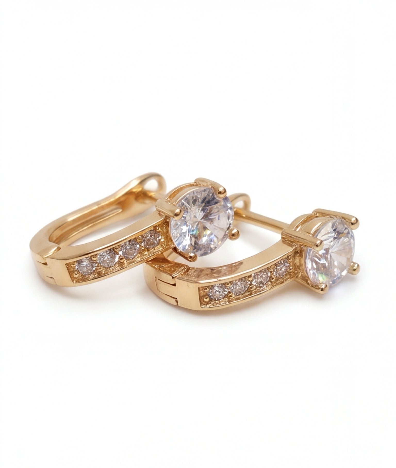 Gold Tone Solitaire CZ Hoop Earrings for Women | Round Crystal Huggie Hoops | Elegant Brass Party Wear Jewelry