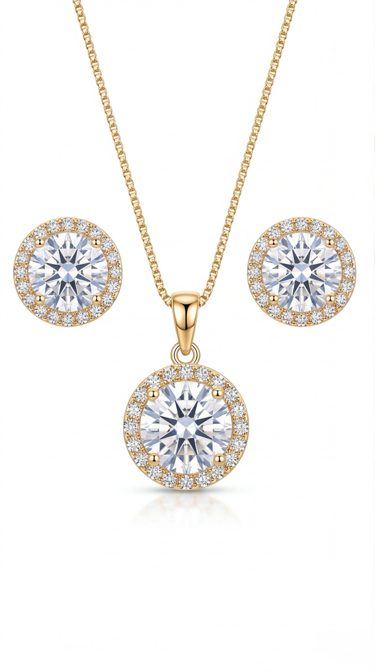 Halo CZ Pendant Necklace Set for Women | Round Solitaire Jewelry Set with Matching Stud Earrings in Gold Tone