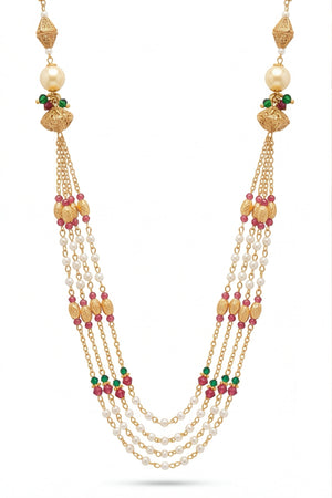 Multistrand necklace with gold, pearl, and gemstone beads on a white background