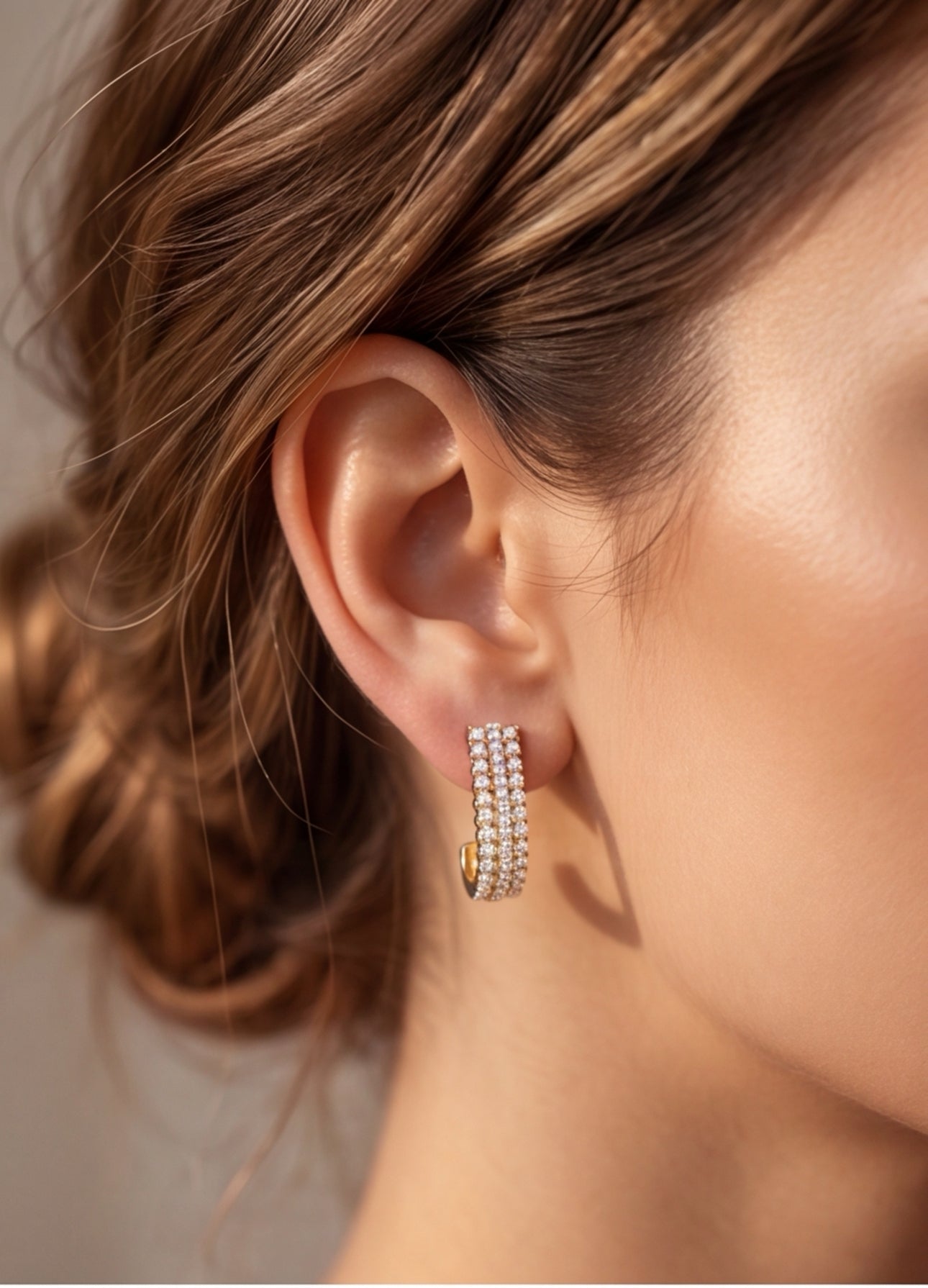 CZ Ear Cuff Stud Earrings for Women | Gold Tone Triple Row Crystal Earrings | Trendy Brass Party Wear Jewelry