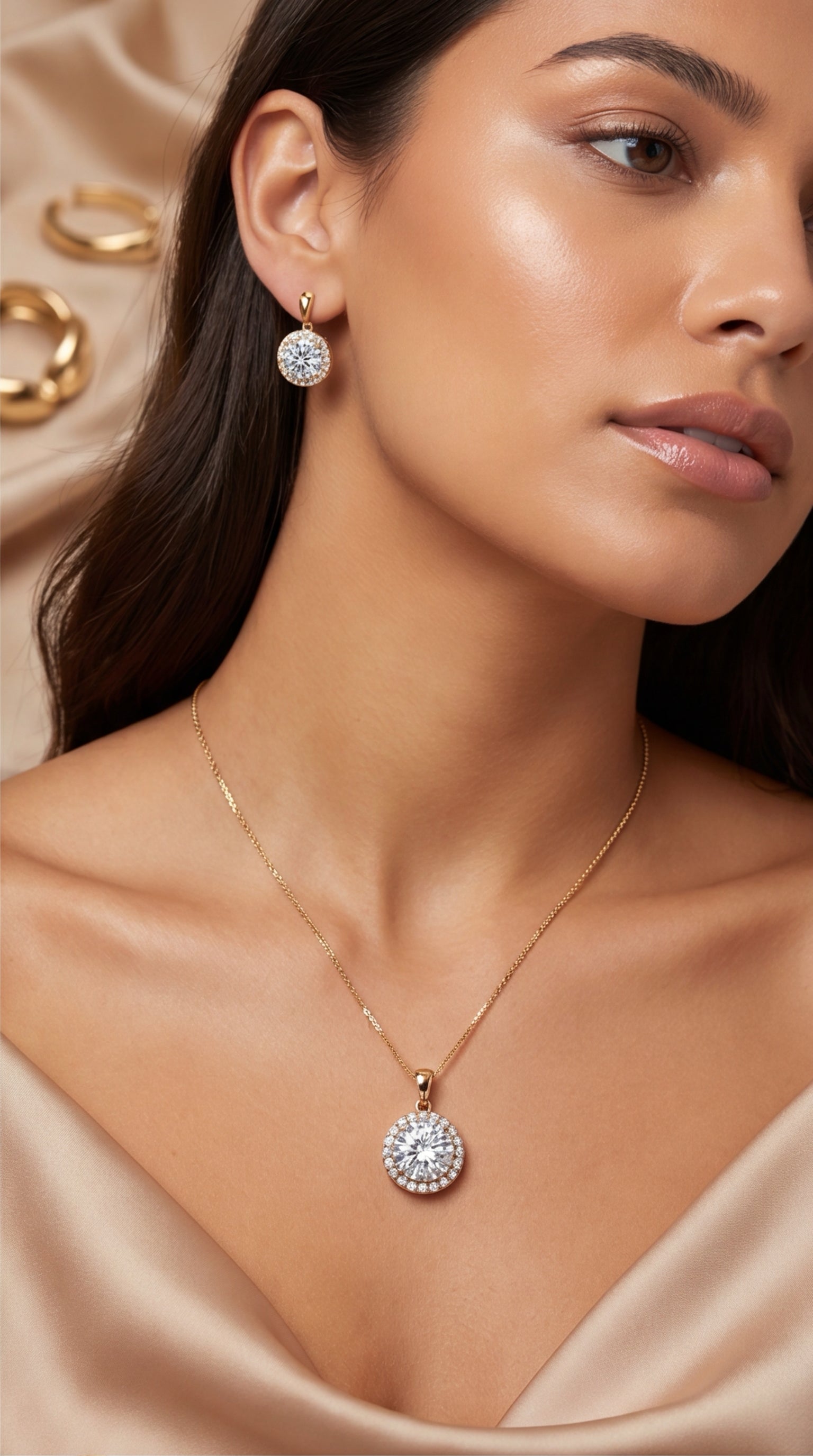 Halo CZ Pendant Necklace Set for Women | Round Solitaire Jewelry Set with Matching Stud Earrings in Gold Tone