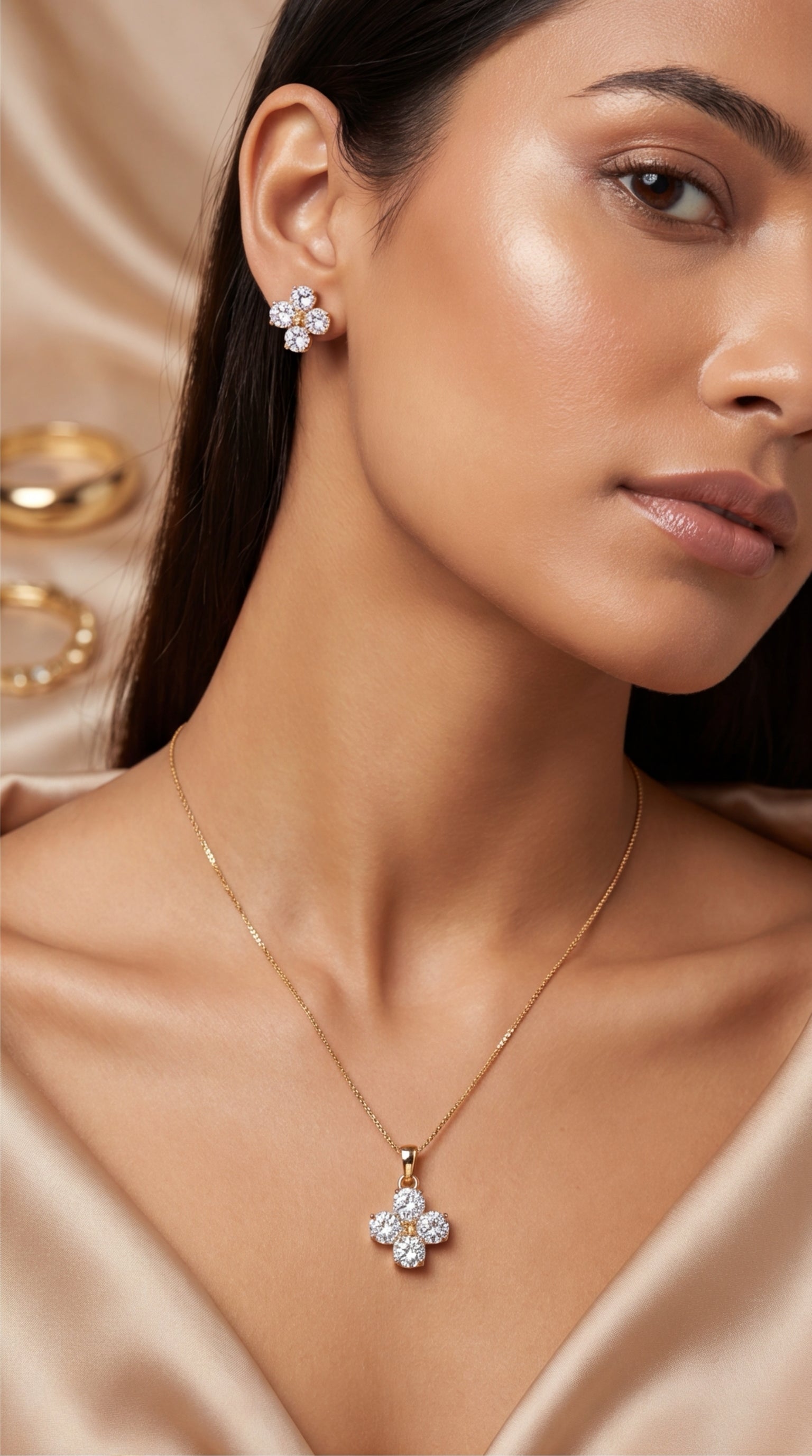Floral CZ Pendant Necklace Set for Women | Gold Tone Flower Jewelry Set with Matching Stud Earrings