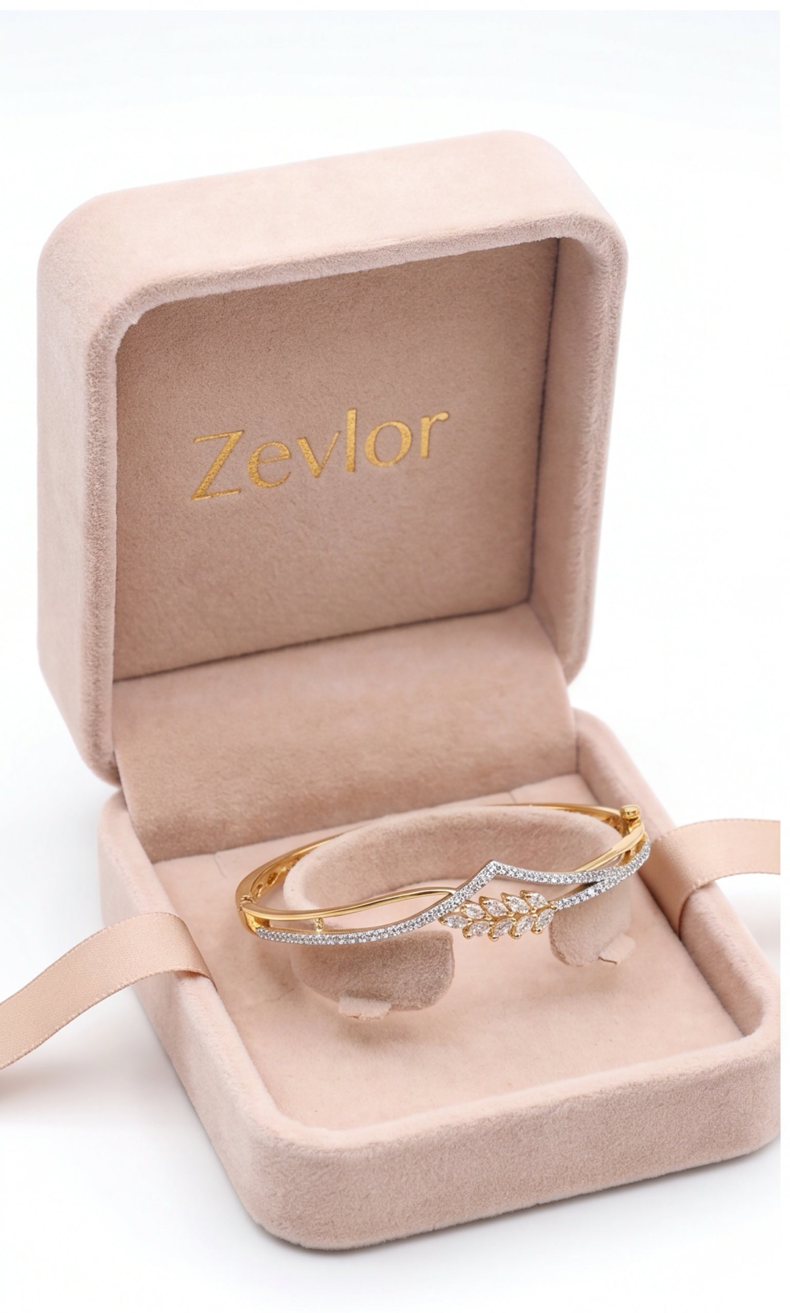 Gold Leaf CZ Bangle Bracelet for Women | Marquise Cubic Zirconia Hinged Bracelet | Elegant Nature Inspired Jewelry
