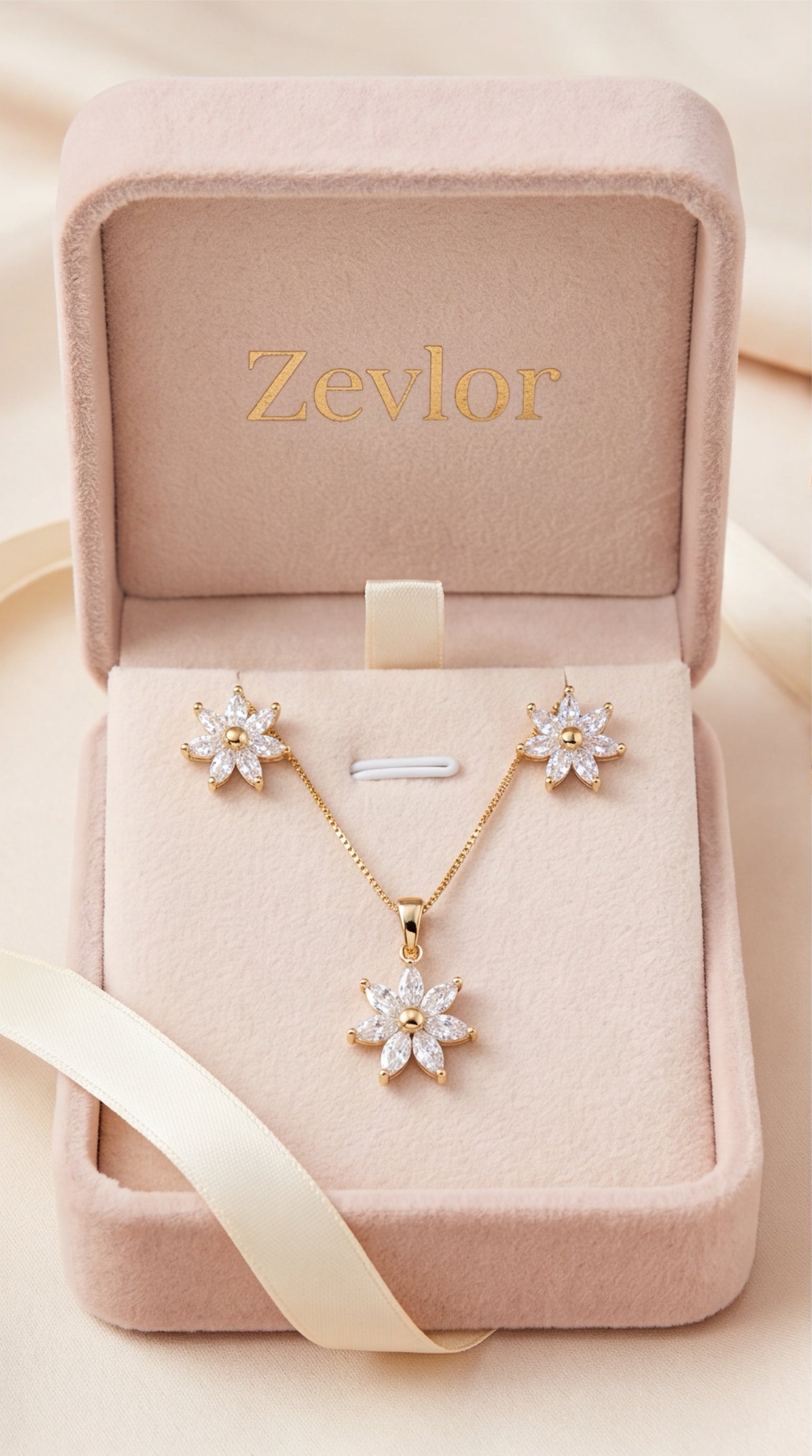 Floral CZ Pendant Necklace Set for Women | Gold Tone Flower Jewelry Set with Matching Stud Earrings Gift