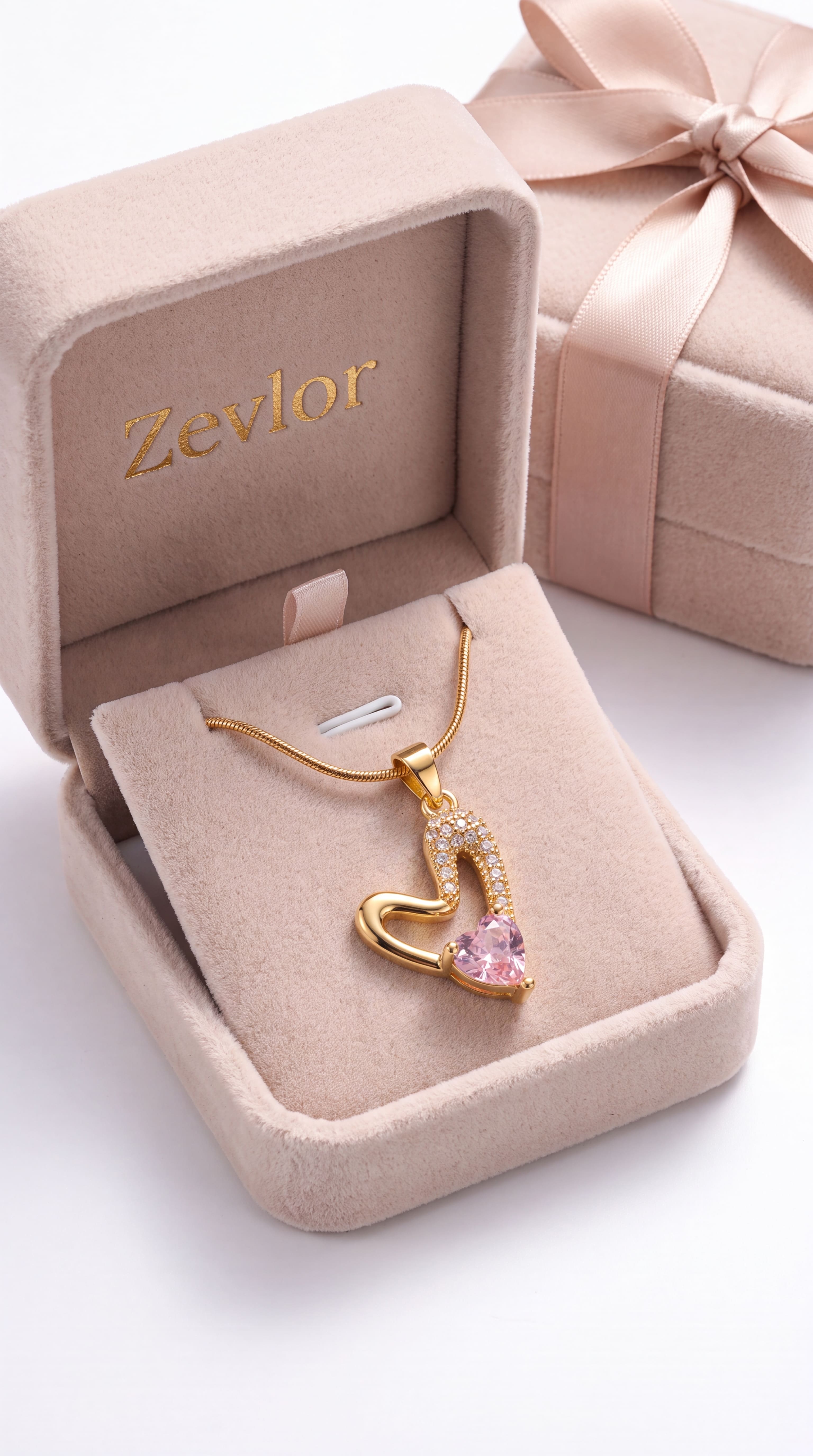 Gold Tone Heart Pendant Necklace for Women | Pink Heart Crystal Necklace with Snake Chain | Romantic Love Pendant Jewelry