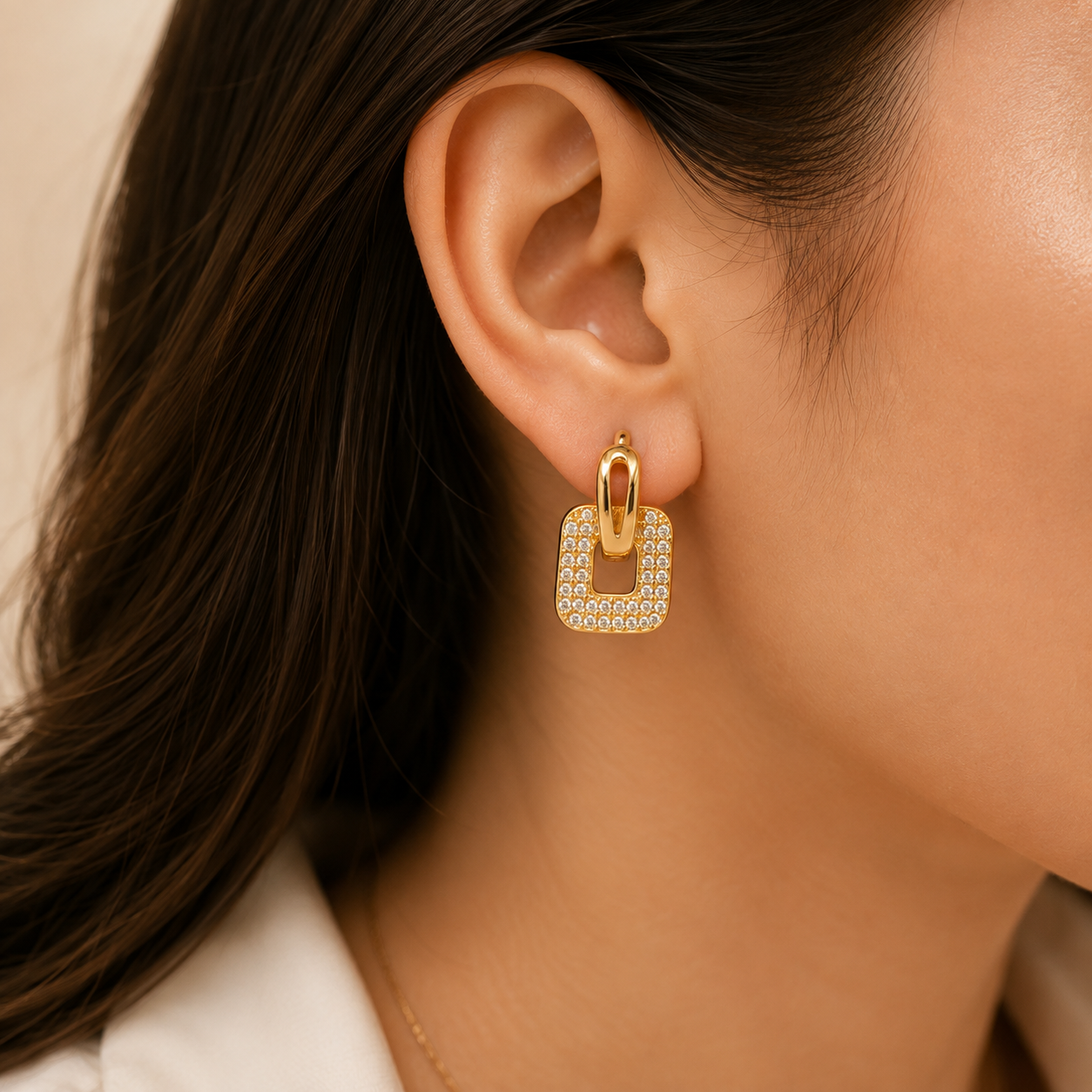 Gold Tone CZ Link Hoop Earrings for Women | Geometric Chain Drop Earrings | Modern Statement Jewelry