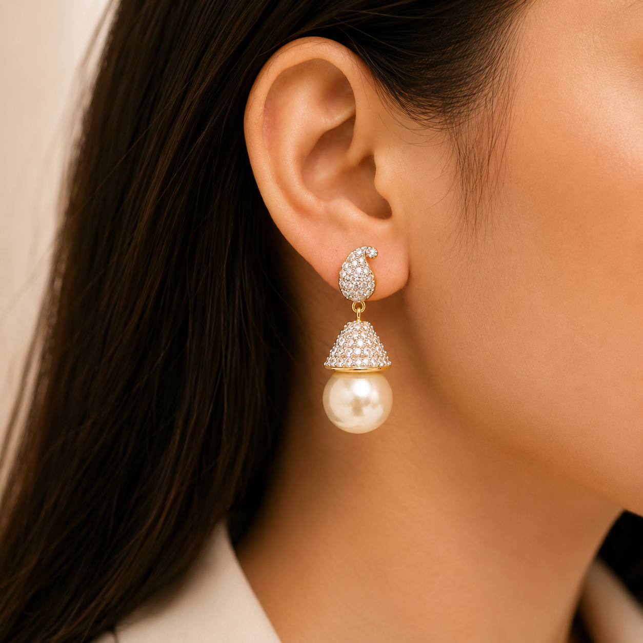 Gold Tone Pearl Drop Earrings for Women | CZ Pave Pearl Dangle Earrings | Elegant Party & Wedding Jewelry