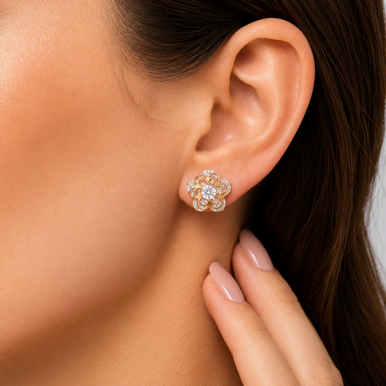 Rose Gold Floral CZ Stud Earrings for Women | Crystal Flower Earrings | Elegant Everyday & Party Jewelry