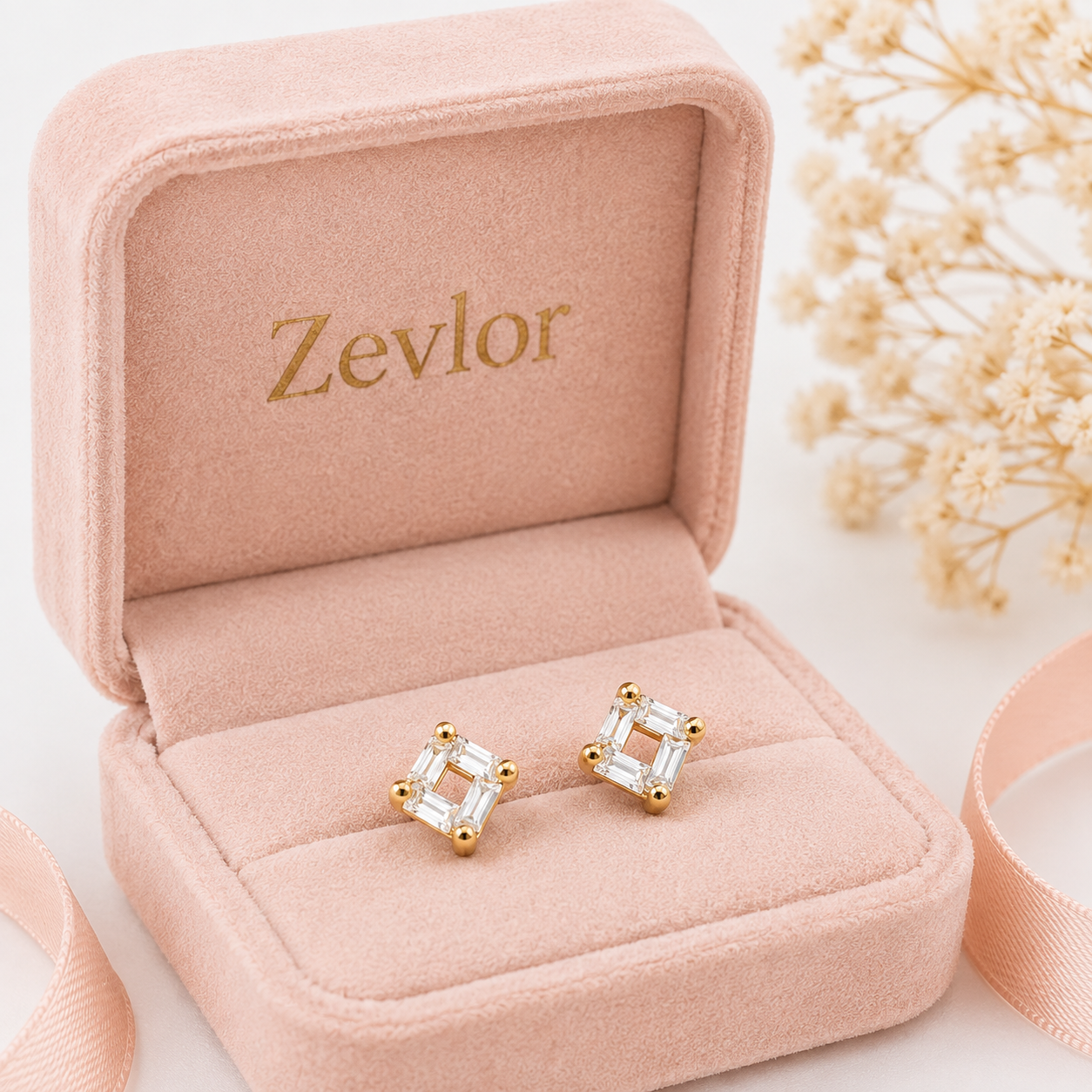 Gold Tone Geometric CZ Stud Earrings for Women | Square Baguette Crystal Stud Earrings | Minimal Everyday Jewelry