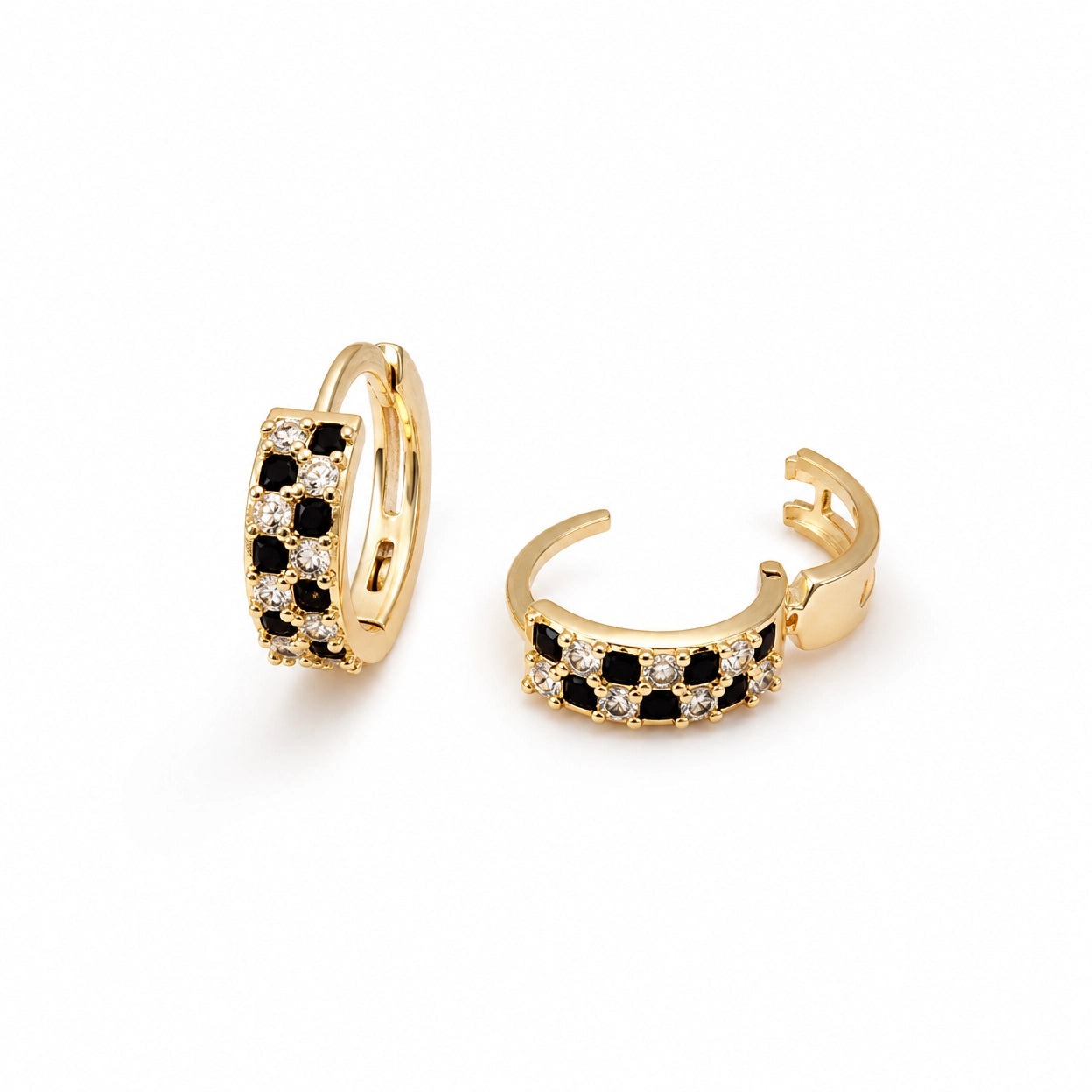 Gold Tone CZ Hoop Earrings for Women | Black & White Crystal Huggie Hoops | Trendy Party Wear Brass Earrings