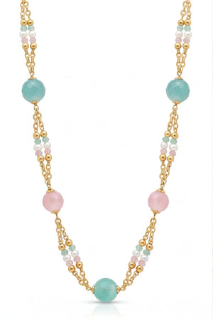Necklace with gold chain and multicolored beads on a white background