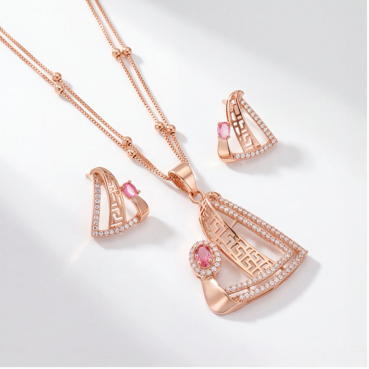 Pink Crystal Pendant Necklace & Earrings Set for Women