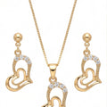 Heart Pendant Necklace Set for Women | Gold Tone Double Heart Jewelry Set with CZ Accents & Matching Earrings