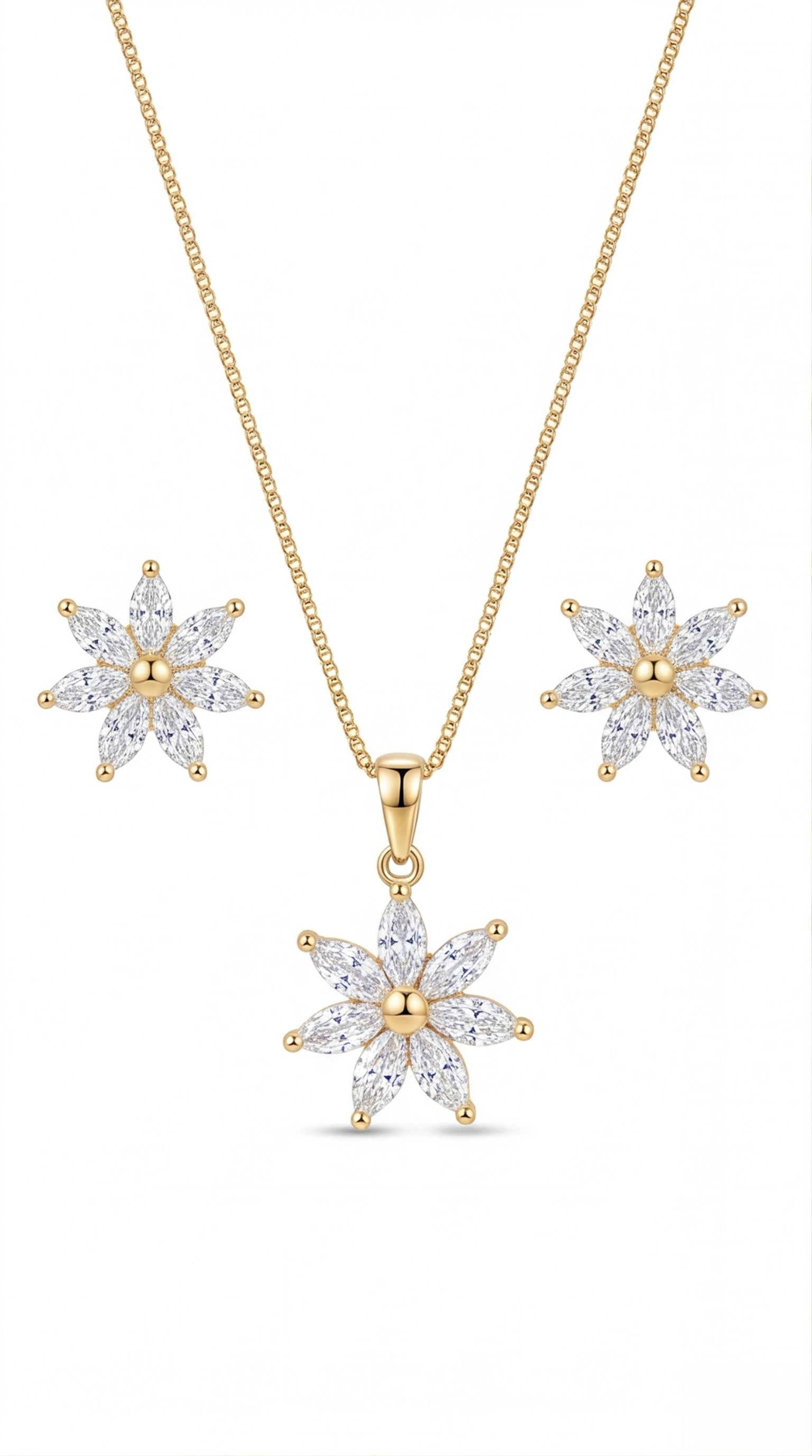 Floral CZ Pendant Necklace Set for Women | Gold Tone Flower Jewelry Set with Matching Stud Earrings Gift