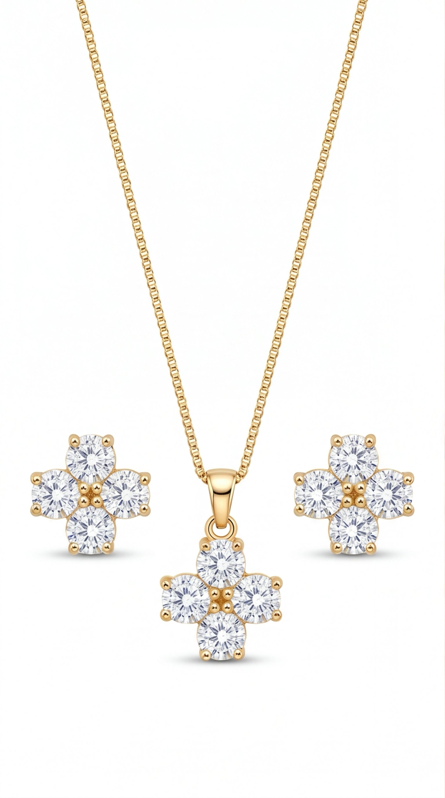 Floral CZ Pendant Necklace Set for Women | Gold Tone Flower Jewelry Set with Matching Stud Earrings