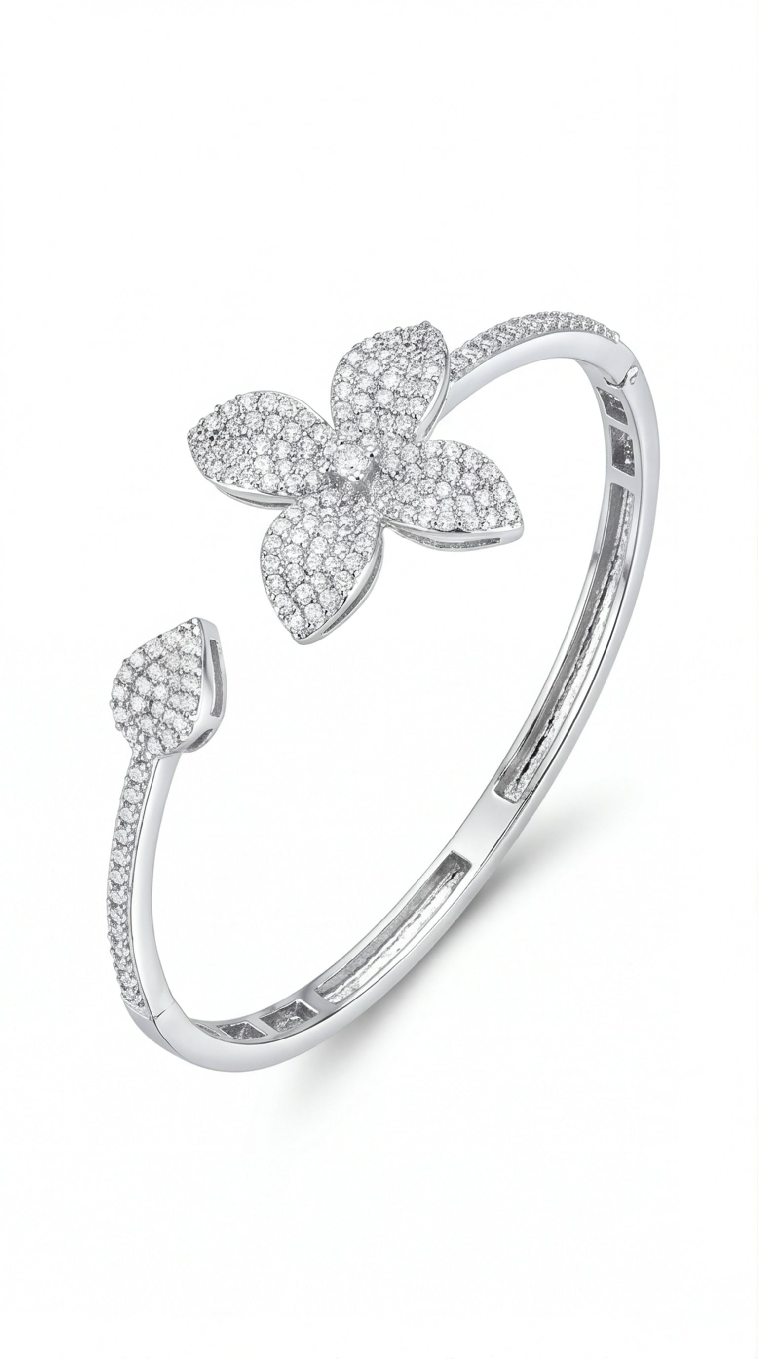 Silver CZ Flower Open Bangle Bracelet for Women | Floral Cubic Zirconia Cuff Bracelet | Elegant Statement Jewelry