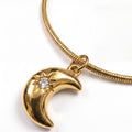 Gold Tone Crescent Moon Pendant Necklace for Women | Celestial Moon Charm Necklace with Crystal Accent | Minimalist Snake Chain