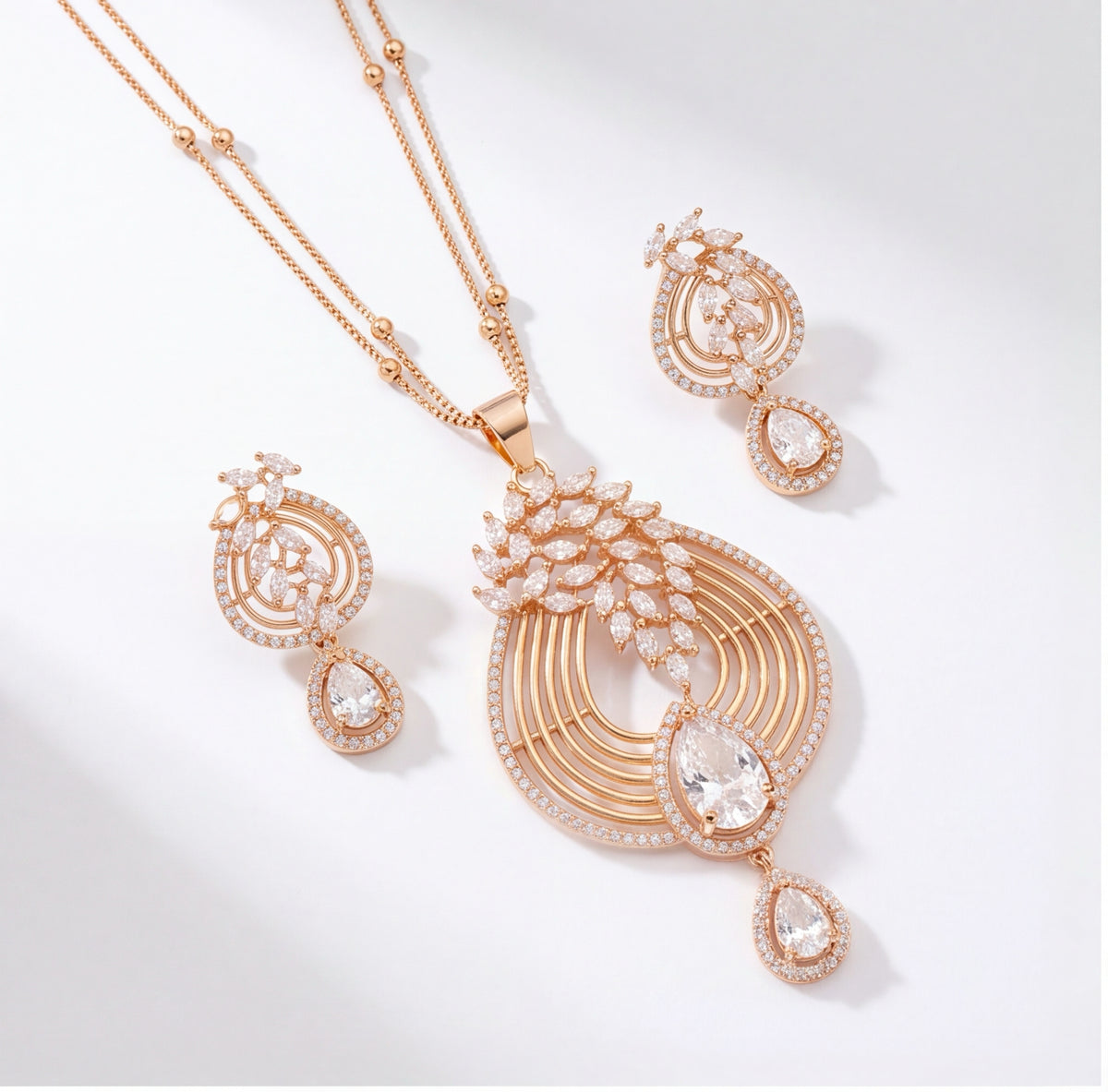 Clear Crystal Statement Necklace & Earrings Set for Women | Rose Gold Tone Jewellery