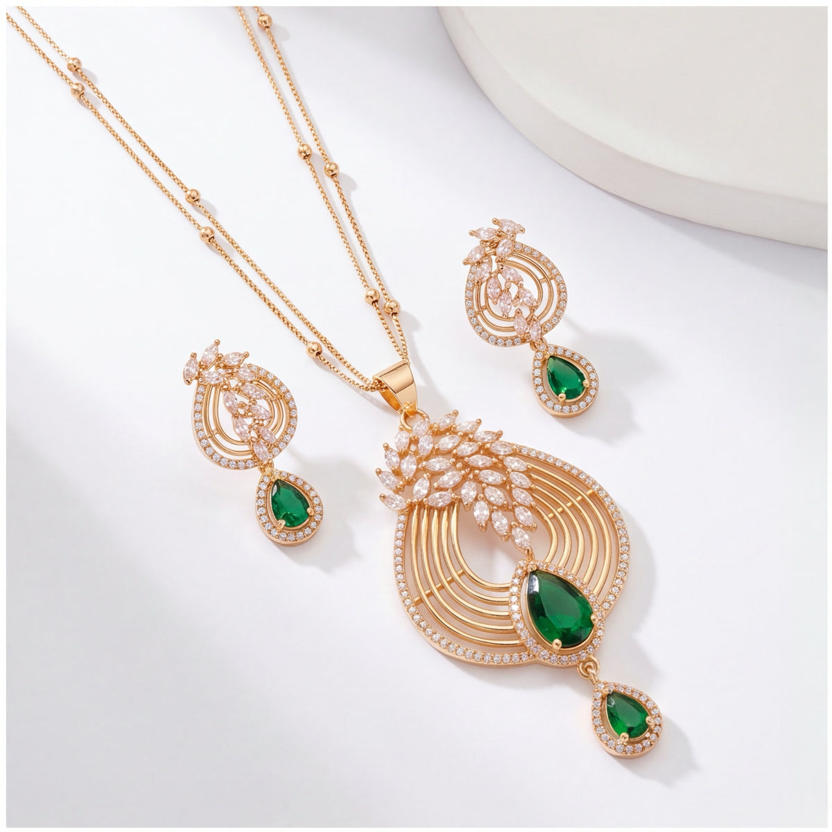 Emerald Green Crystal Necklace & Earrings Set for Women