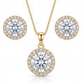 Halo CZ Pendant Necklace Set for Women | Round Solitaire Jewelry Set with Matching Stud Earrings in Gold Tone