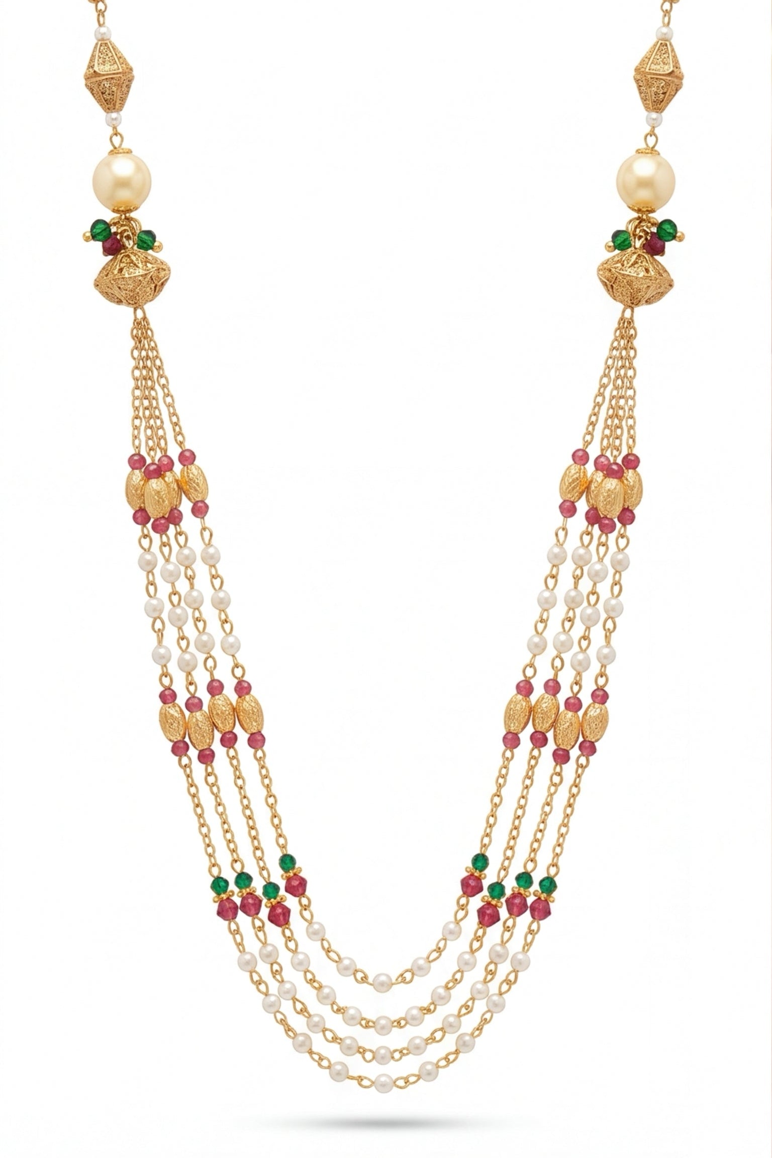 Multistrand necklace with gold, pearl, and gemstone beads on a white background