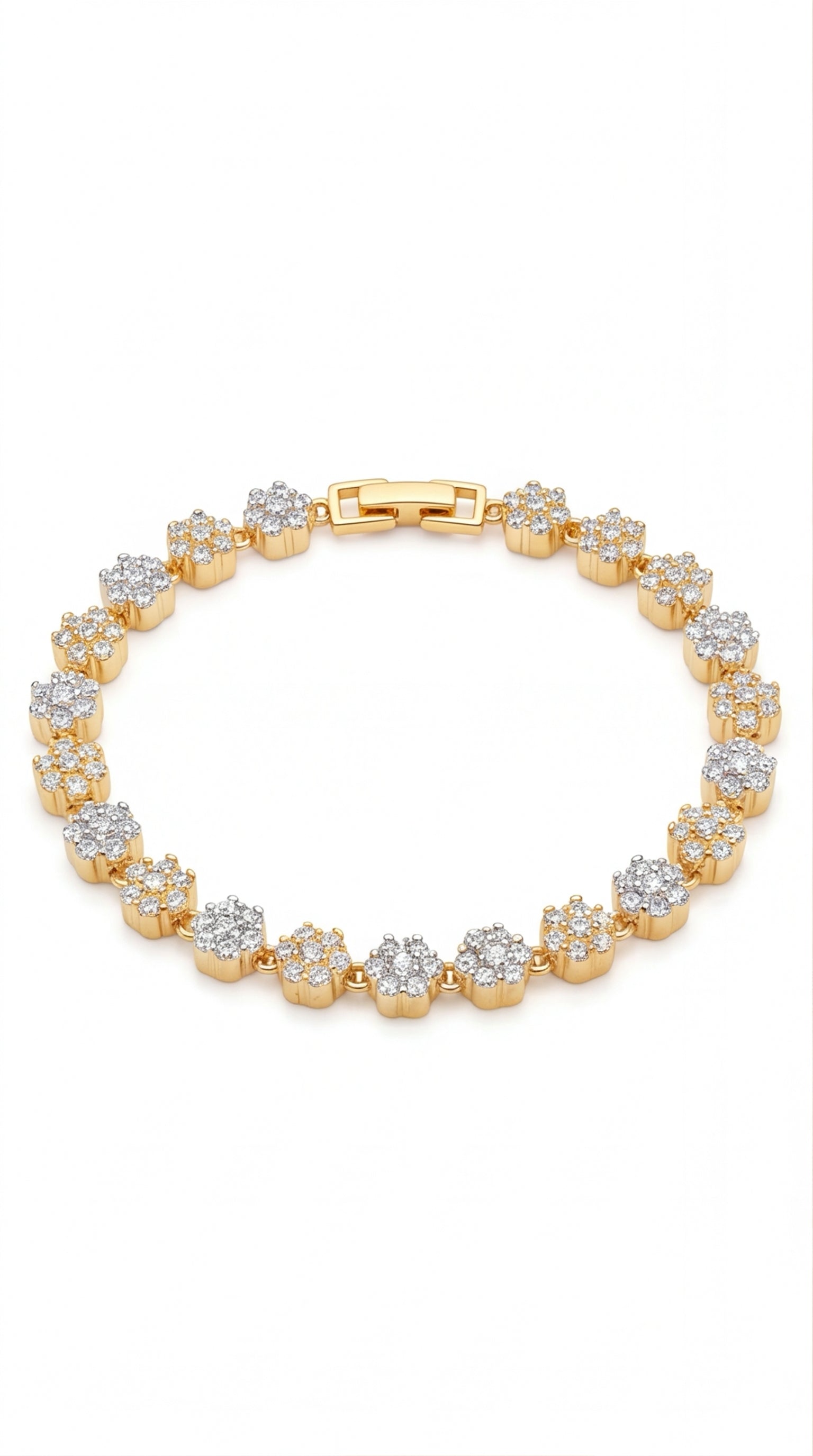 Floral CZ Tennis Bracelet for Women | Gold Tone Flower Link Bracelet | Elegant Cubic Zirconia Brass Jewelry