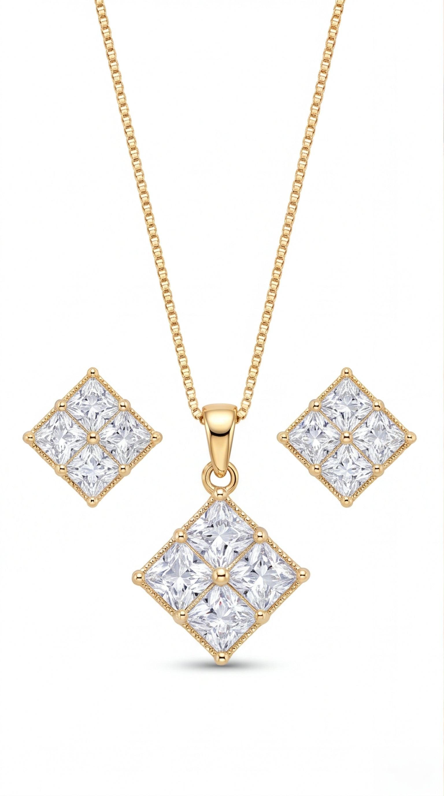 アクセサリー Necklace set and earrings k18 diamond Princess Cut CZ Pendant Necklace & Earrings Set for Women | Gold