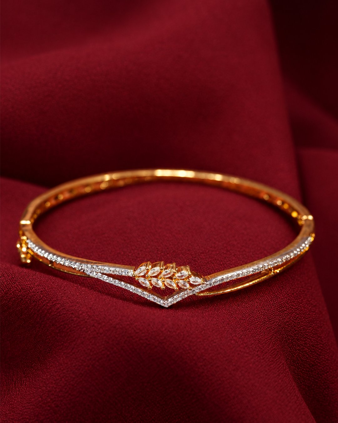 Gold Leaf CZ Bangle Bracelet for Women | Marquise Cubic Zirconia Hinged Bracelet | Elegant Nature Inspired Jewelry
