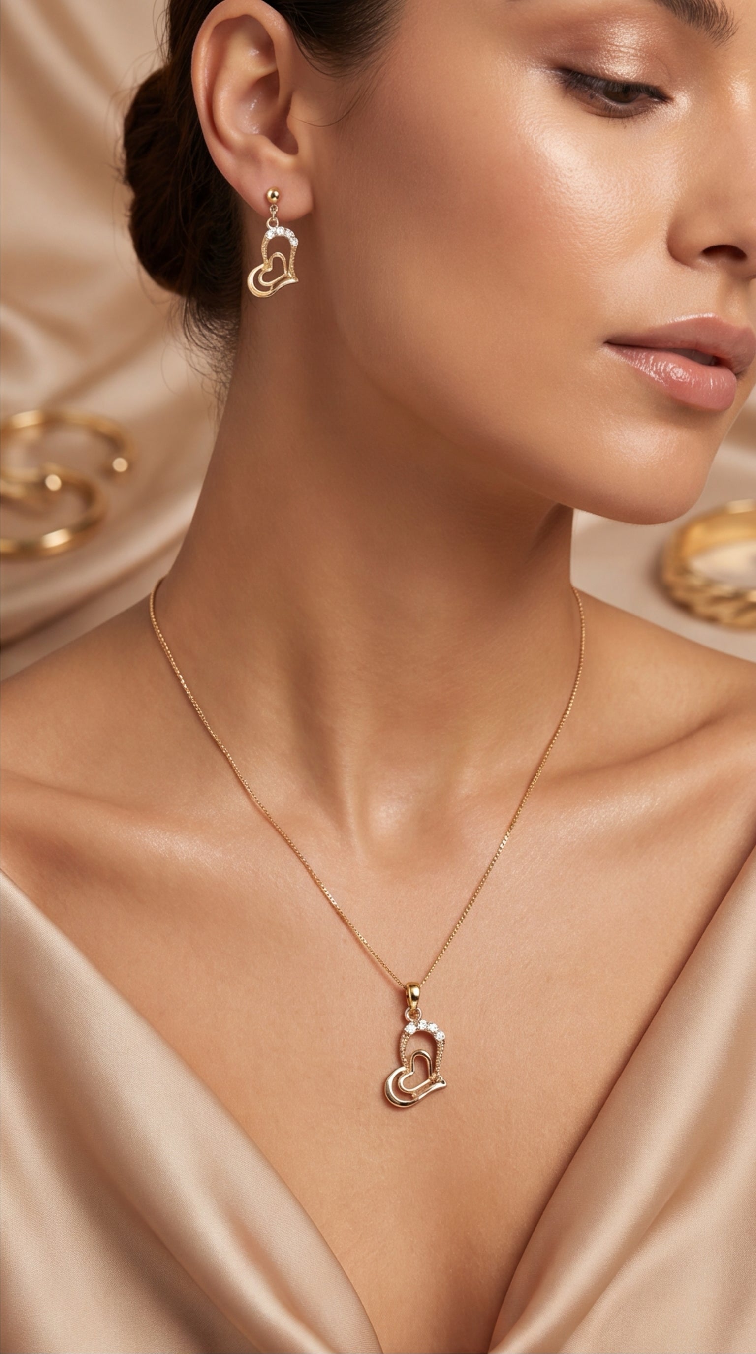 Heart Pendant Necklace Set for Women | Gold Tone Double Heart Jewelry Set with CZ Accents & Matching Earrings