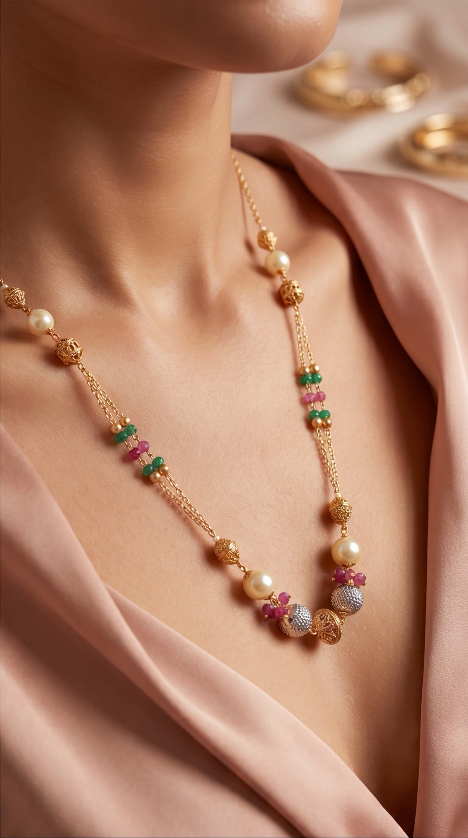 Traditional Gold Tone Beaded Necklace for Women | Pearl & Multicolor Stone Long Necklace | Ethnic Statement Jewelry