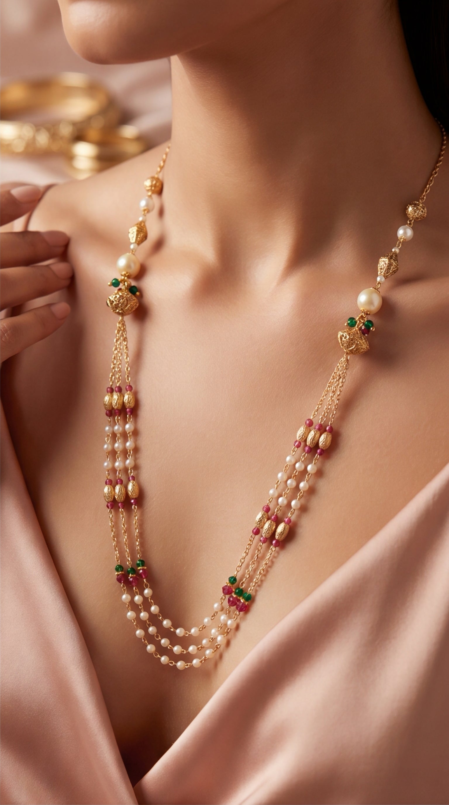Traditional Layered Pearl Beaded Necklace for Women | Gold Tone Multistrand Ethnic Necklace | Festive Jewelry