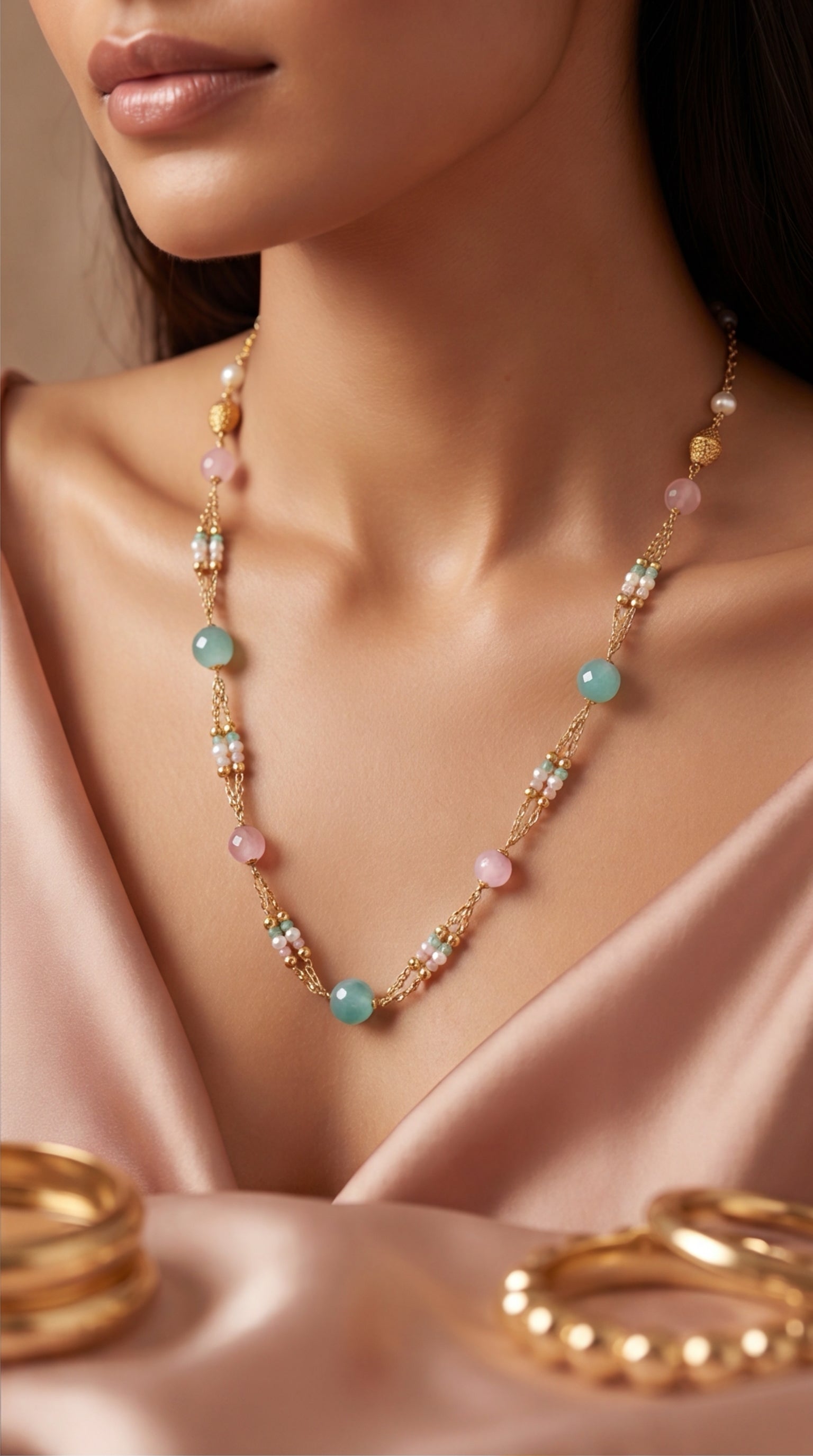 Pastel Beaded Long Necklace for Women | Gold Tone Chain Necklace with Pink & Aqua Beads | Elegant Layered Jewelry