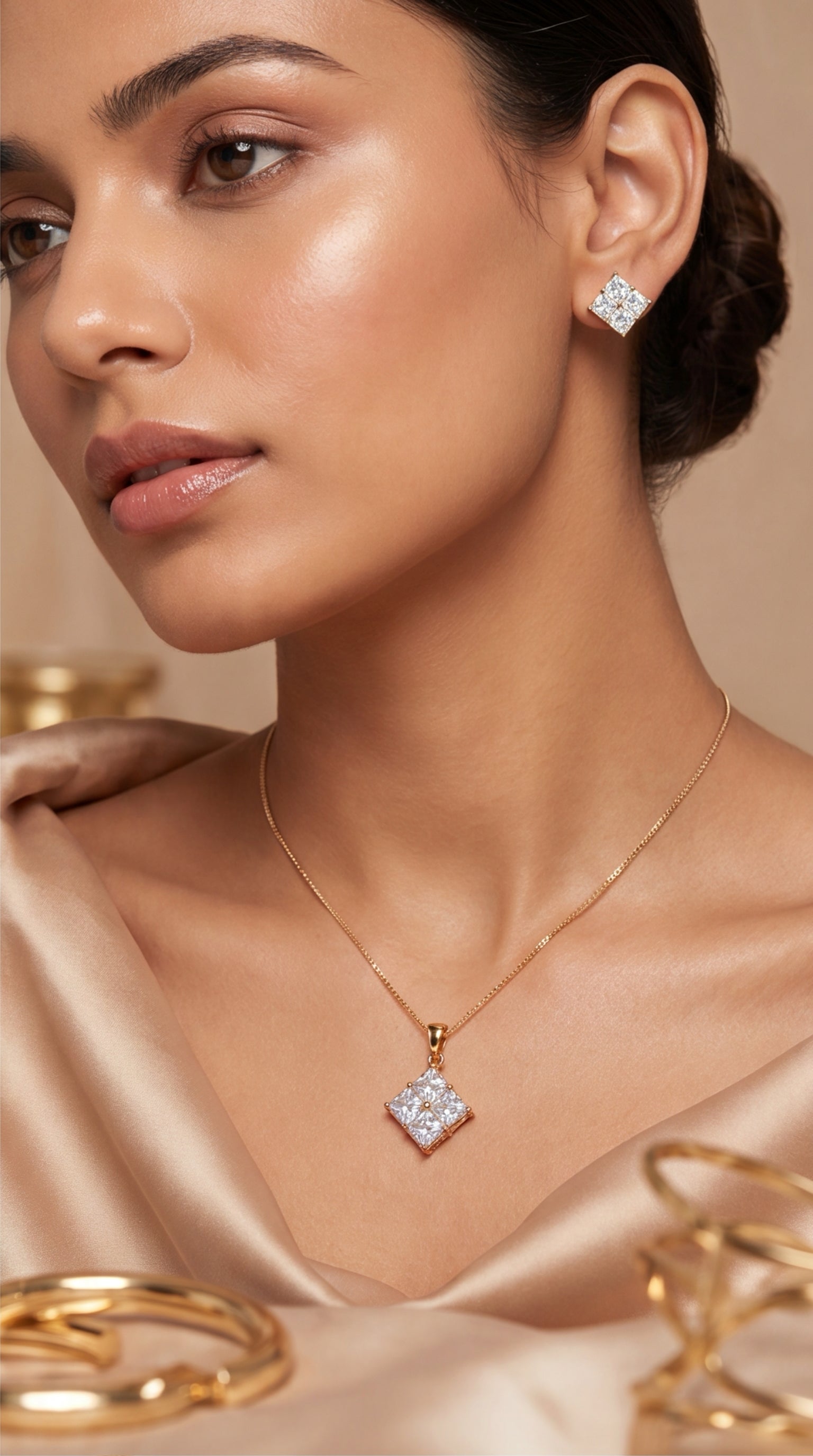 Princess Cut CZ Pendant Necklace & Earrings Set for Women | Gold