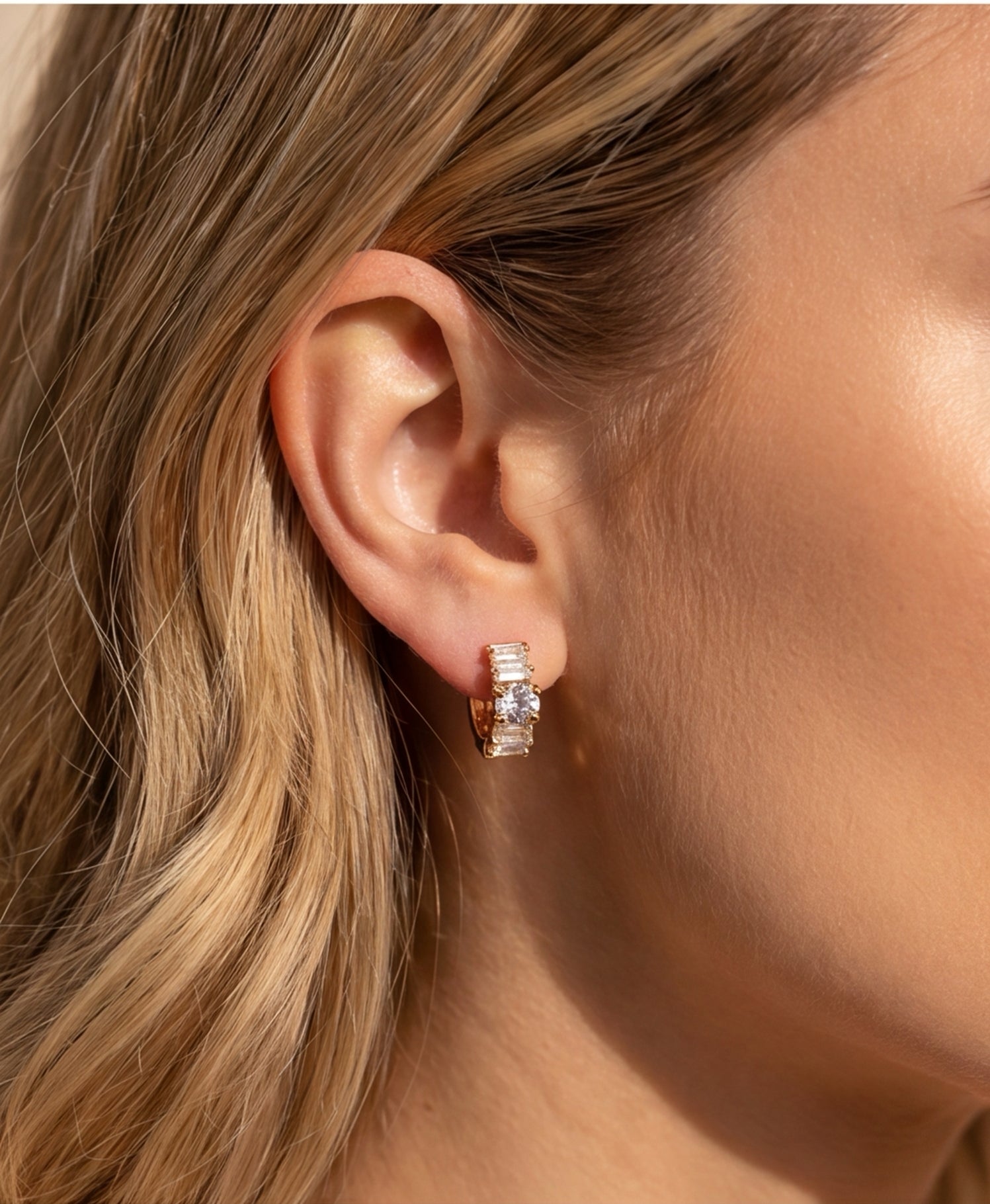 Gold Tone CZ Huggie Hoop Earrings for Women | Baguette & Round Crystal Earrings | Elegant Brass Party Wear Jewelry