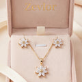 Floral CZ Pendant Necklace Set for Women | Gold Tone Flower Jewelry Set with Matching Stud Earrings Gift