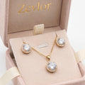 Halo CZ Pendant Necklace Set for Women | Round Solitaire Jewelry Set with Matching Stud Earrings in Gold Tone