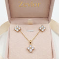 Floral CZ Pendant Necklace Set for Women | Gold Tone Flower Jewelry Set with Matching Stud Earrings