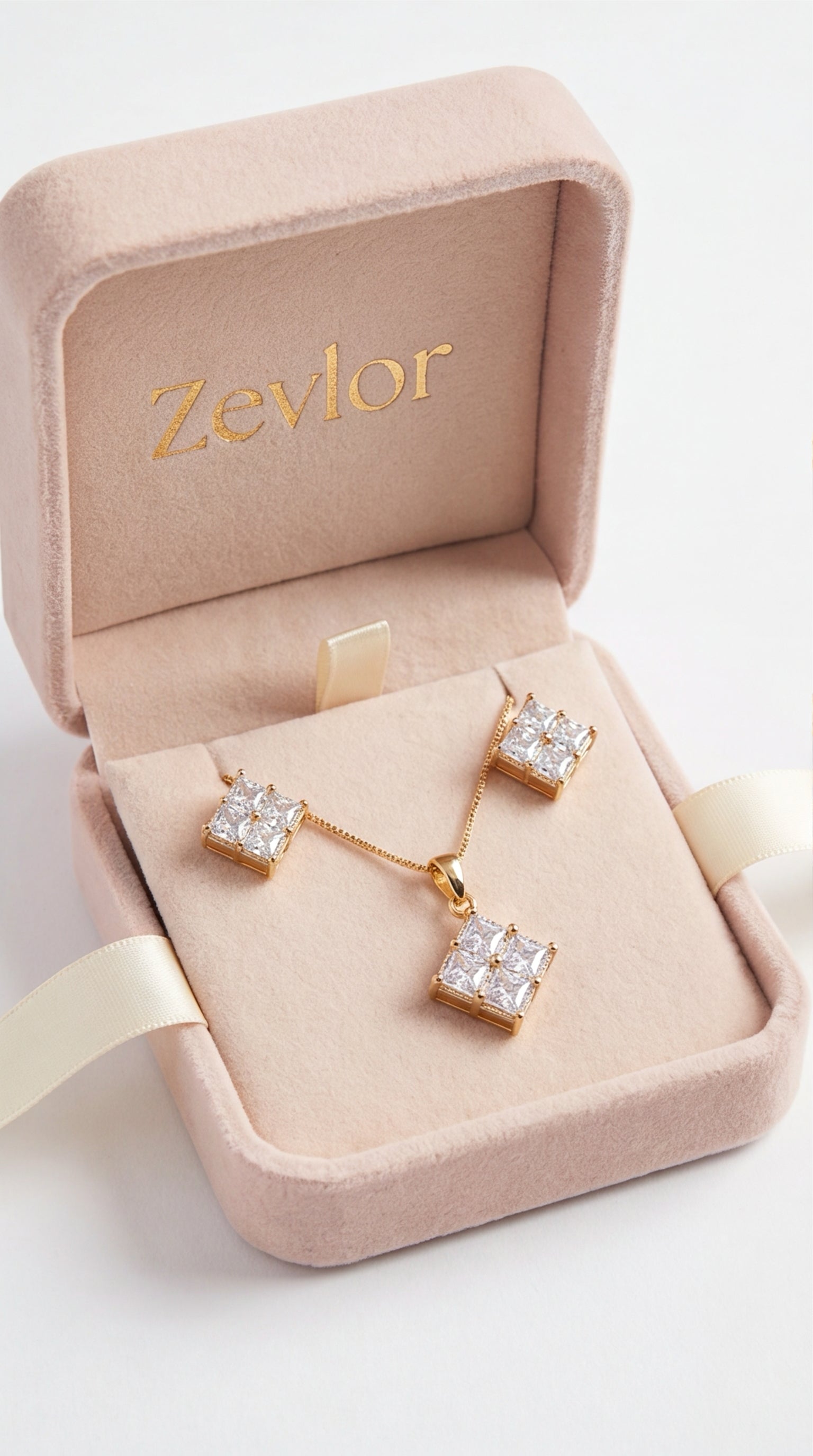 Princess Cut CZ Pendant Necklace & Earrings Set for Women | Gold