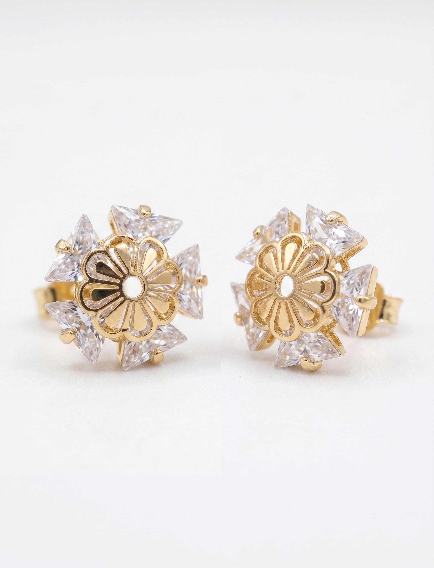 Floral CZ Stud Earrings for Women | Gold Tone Crystal Flower Earrings | Elegant Party Wear Brass Jewelry