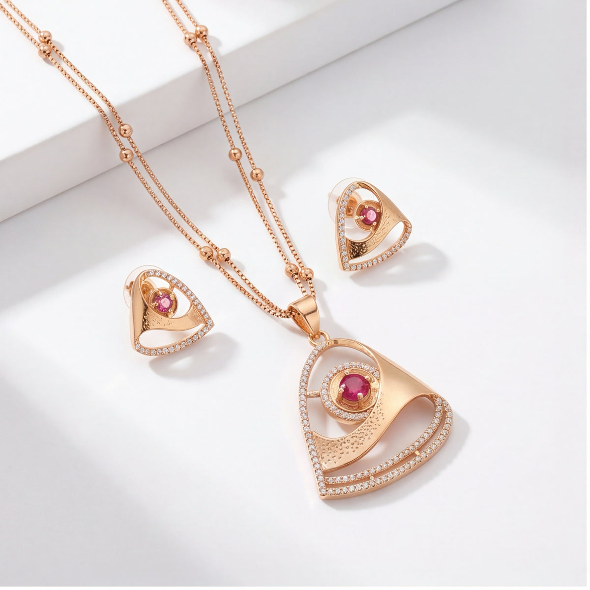 Ruby Red Crystal Necklace & Earrings Set for Women | Rose Gold Tone Statement Jewellery