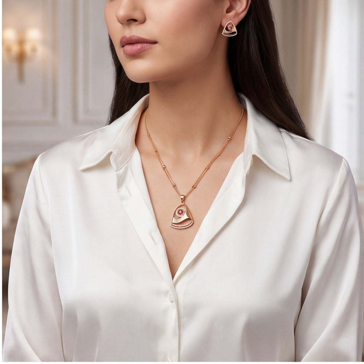 Ruby Red Crystal Necklace & Earrings Set for Women | Rose Gold Tone Statement Jewellery