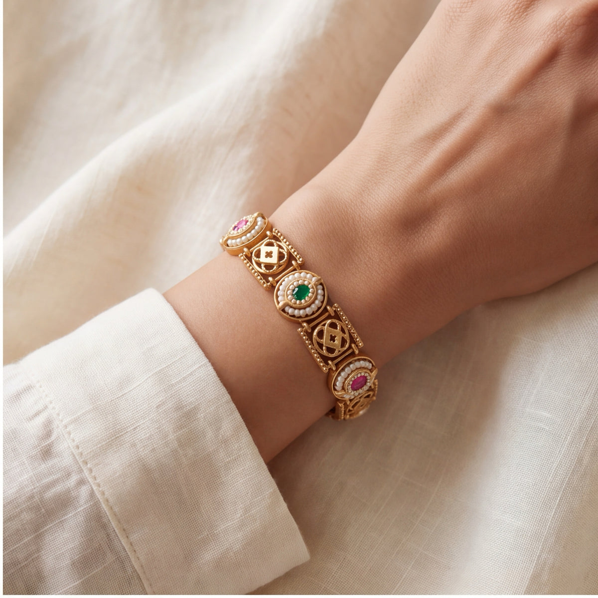 Traditional Multicolor Pearl Stone Bracelet for Women | Gold Tone Ethnic Jewellery
