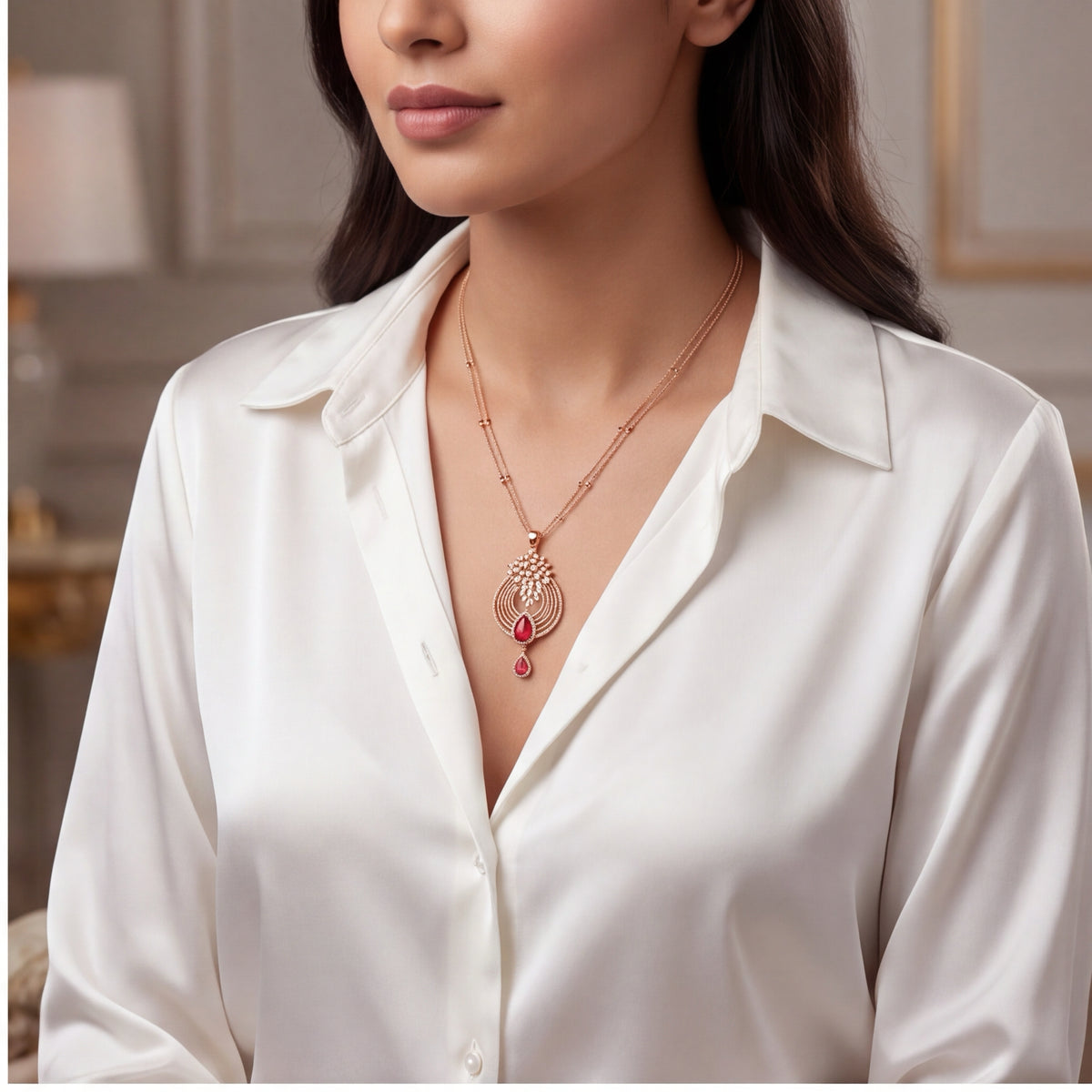 Ruby Red Crystal Floral Necklace & Earrings Set for Women | Rose Gold Tone Jewellery