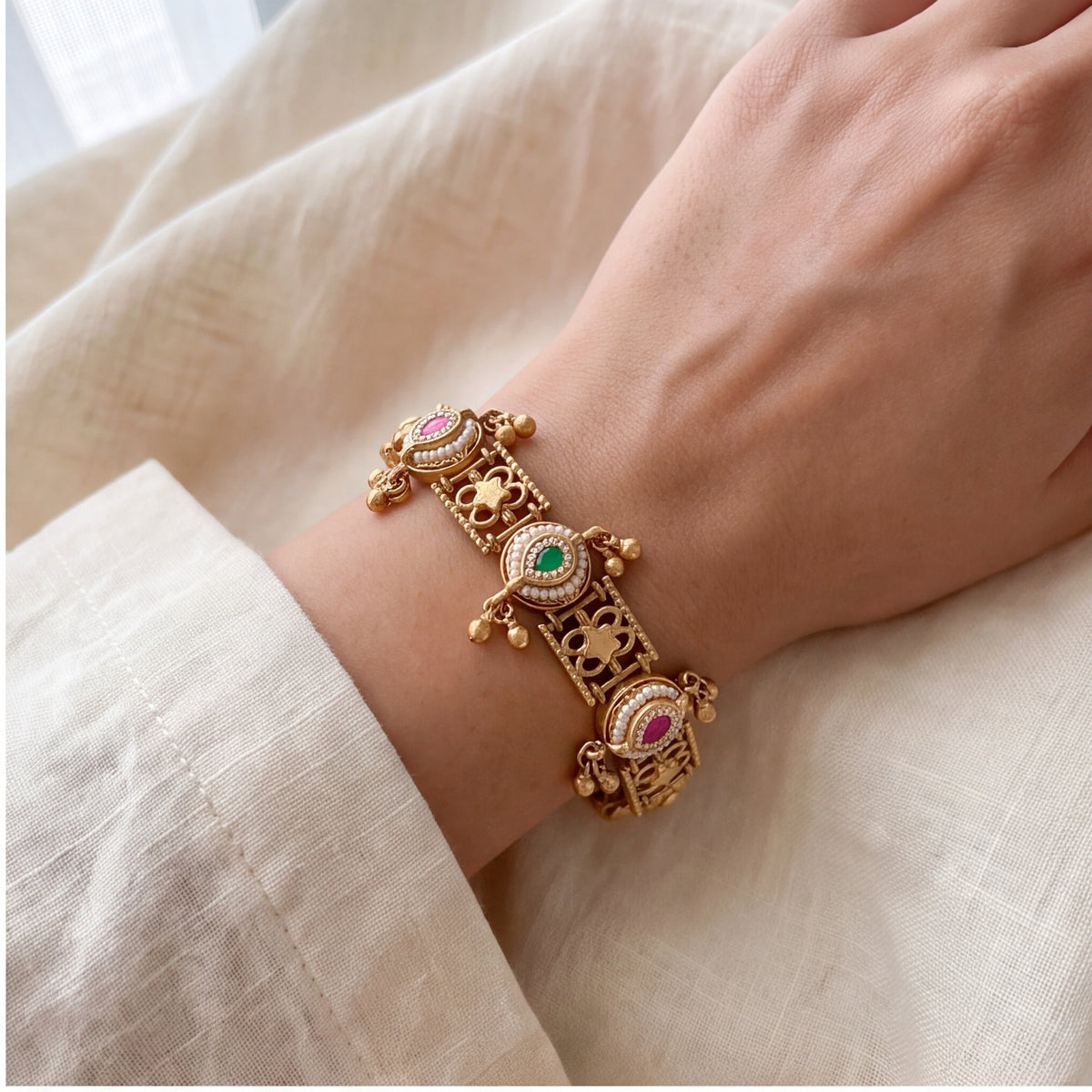 Antique Gold-Tone Ghungroo Bead & Pearl Halo Stone Bracelet for Women | Festive Ethnic Jewellery