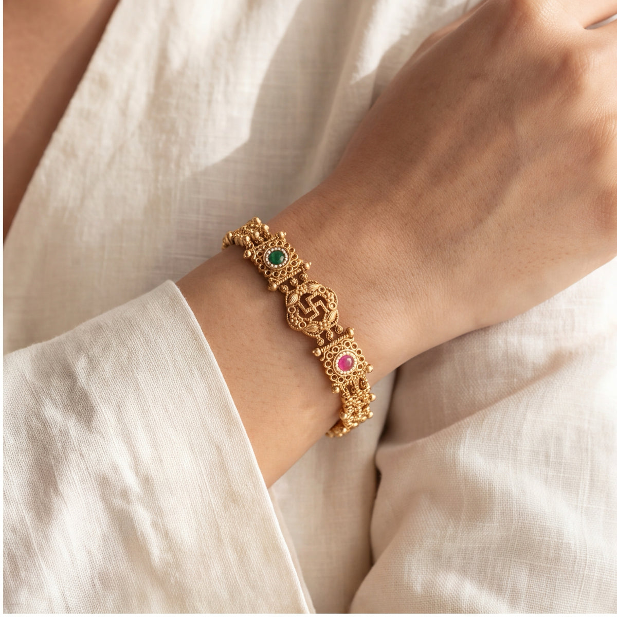 Antique Gold-Tone Temple Swastik Motif Bracelet for Women | Traditional Ethnic Jewellery
